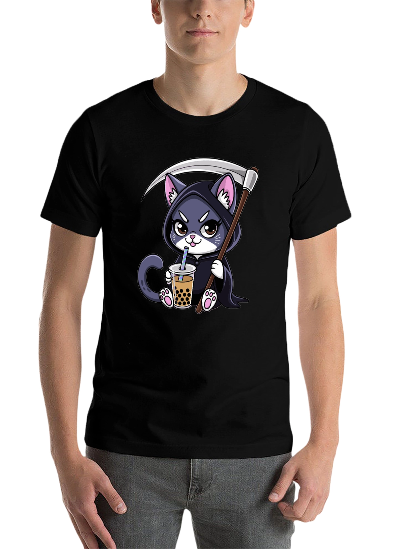 Black Grim Reaper Kitty Boba Tea T-Shirt view 7