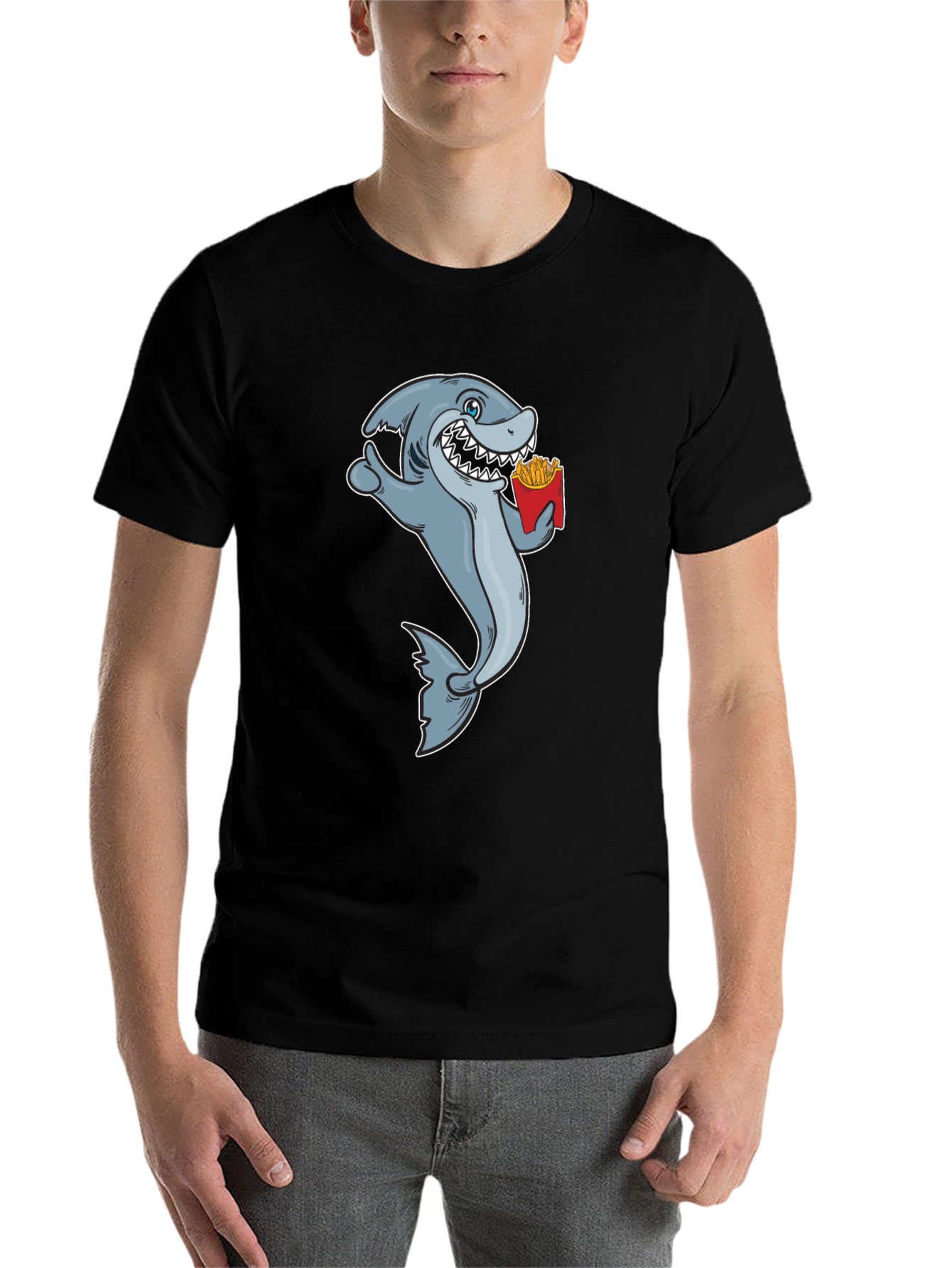 Black Shark Eating Fries Graphic Tee - Black Cotton T-Shirt view 7