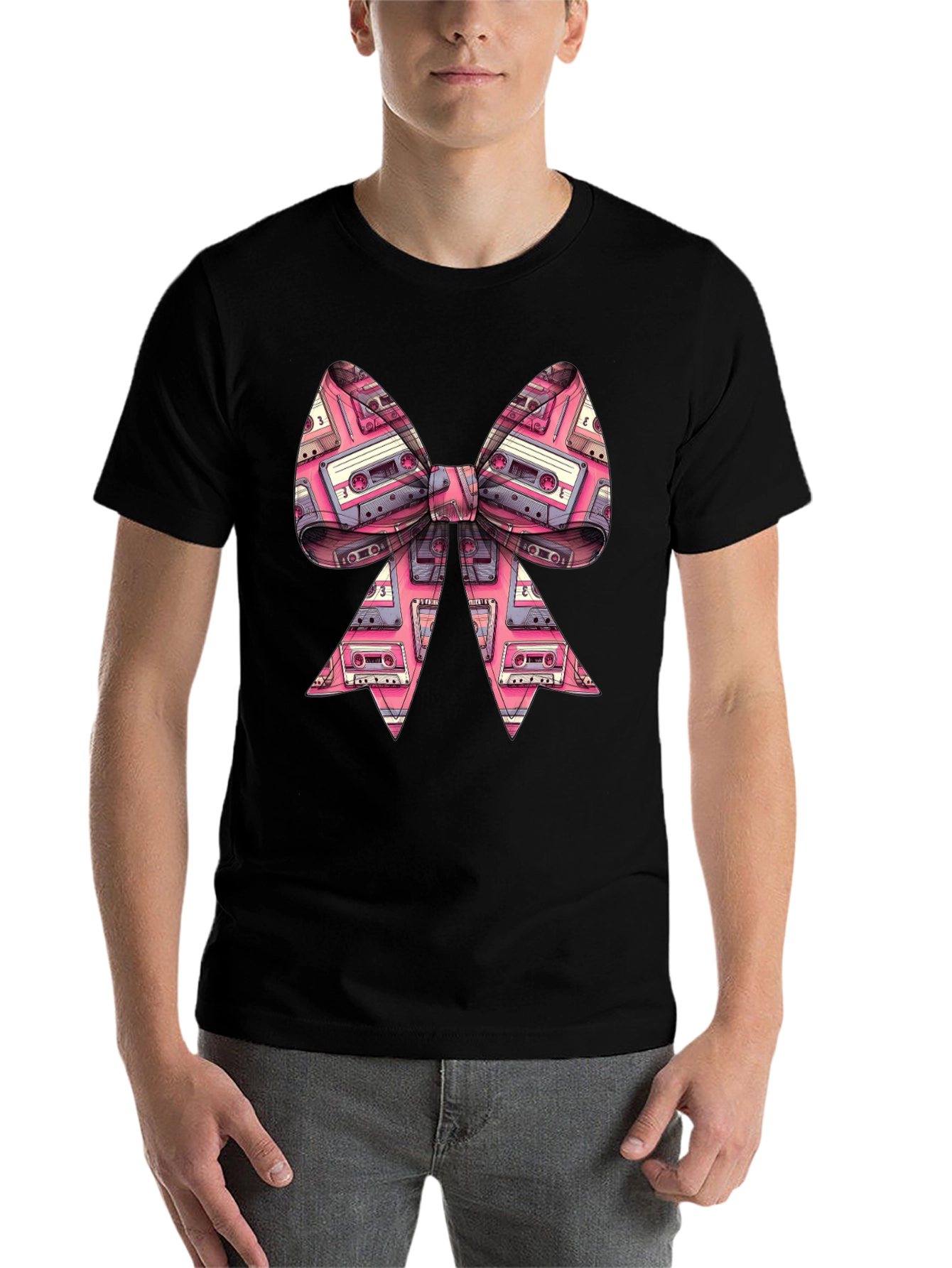 Black Retro Cassette Tape Bow Tie T-Shirt view 7