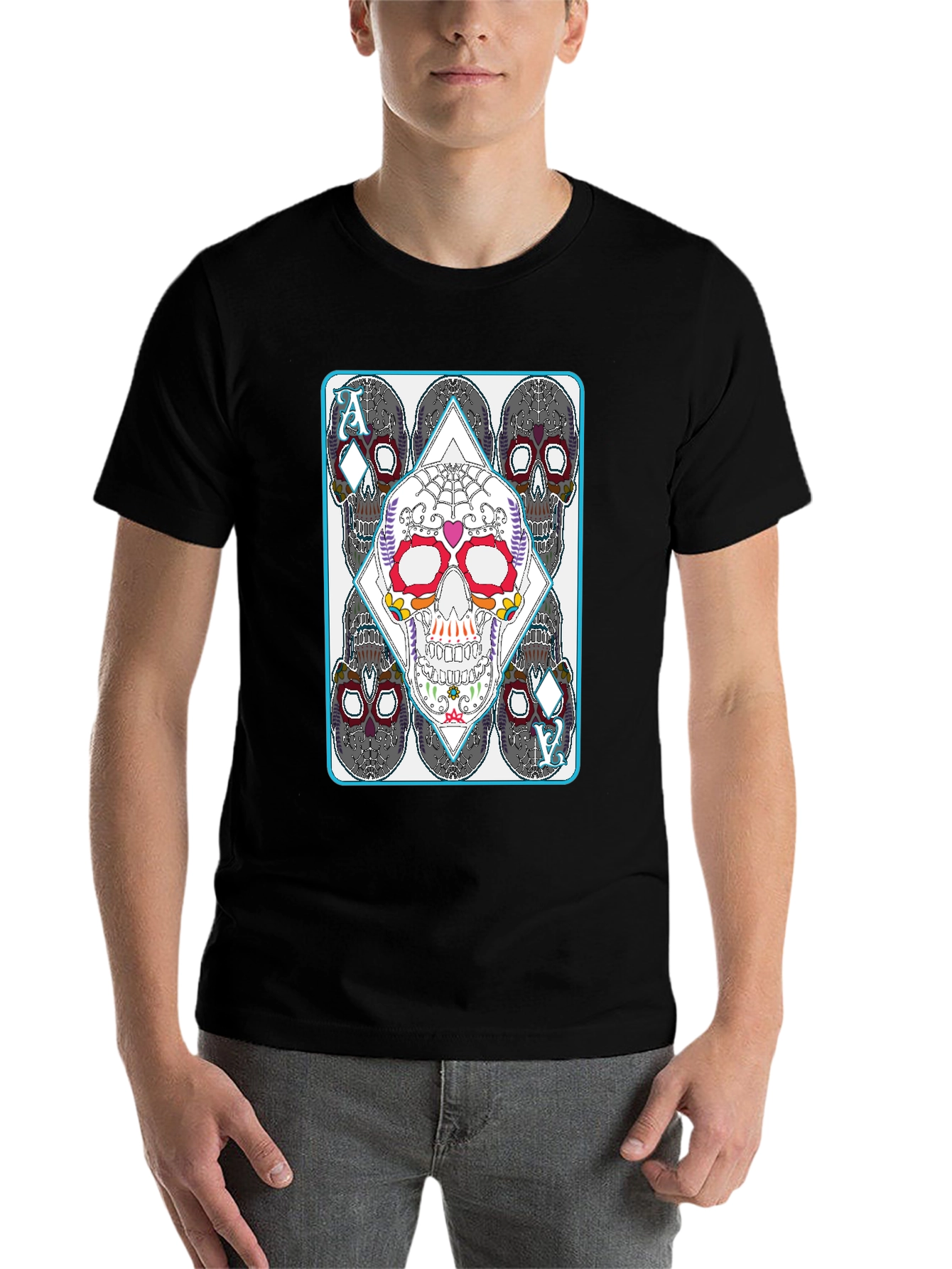 Black Sugar Skull Ace of Diamonds Graphic T-Shirt view 7