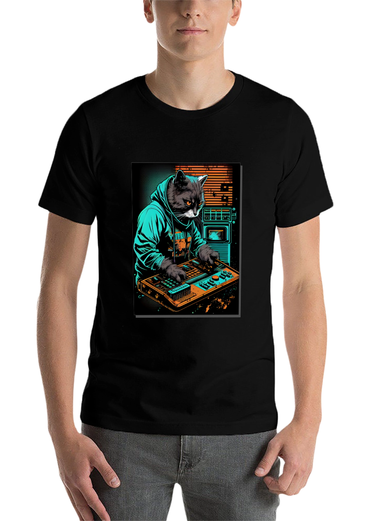 Black Cat DJ Graphic Tee - Cool Black T-Shirt view 7