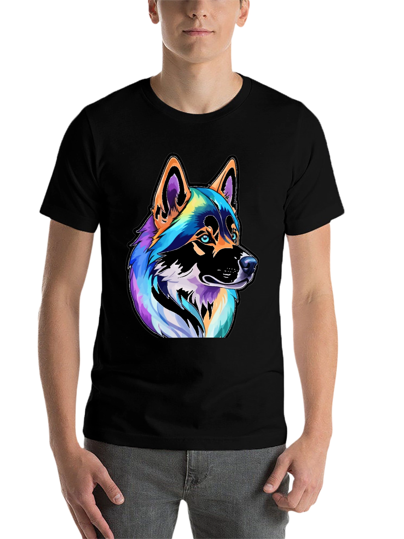 Black Colorful Husky Dog Graphic Tee - Black view 7