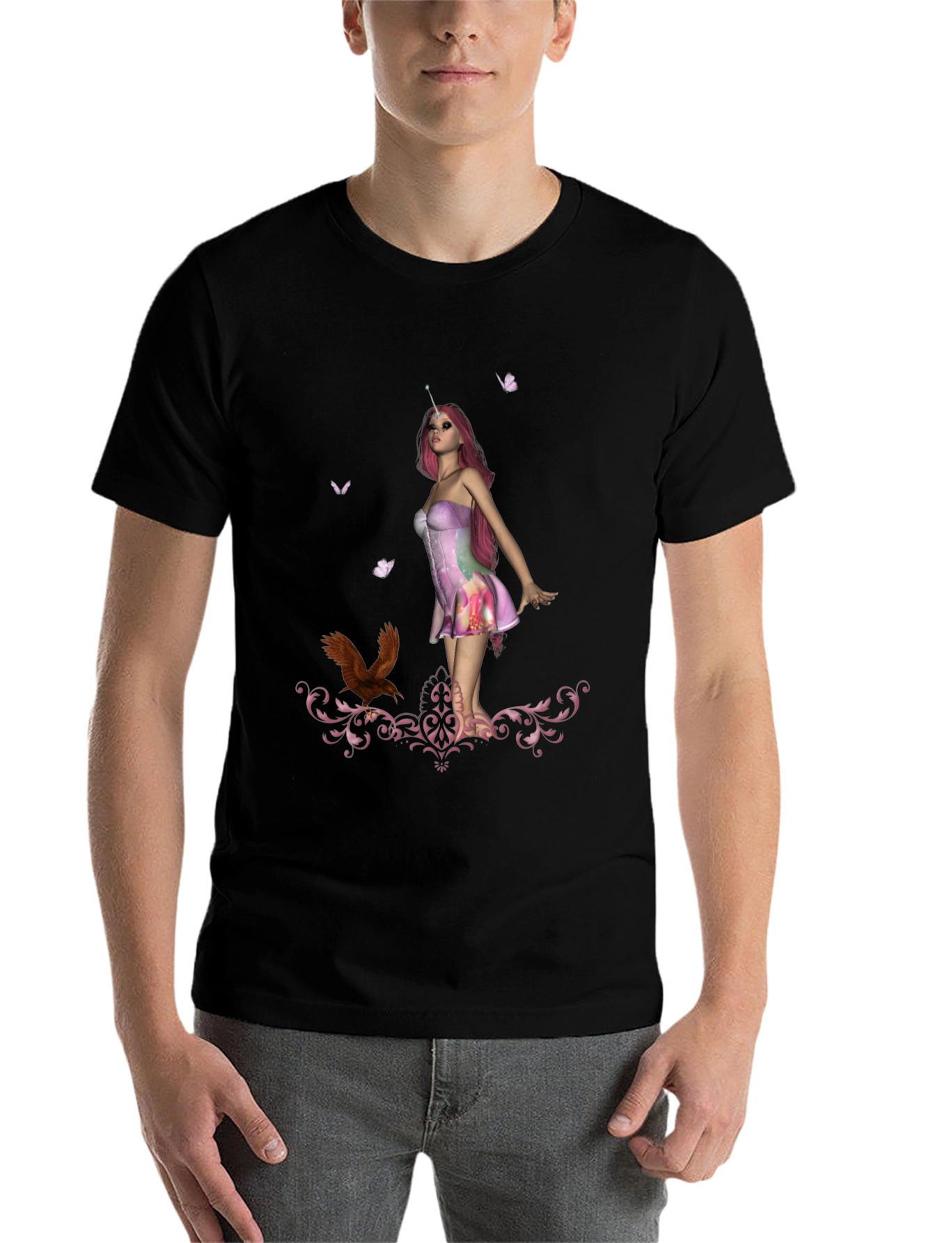 Black Unicorn Fairy Graphic Print T-Shirt view 7