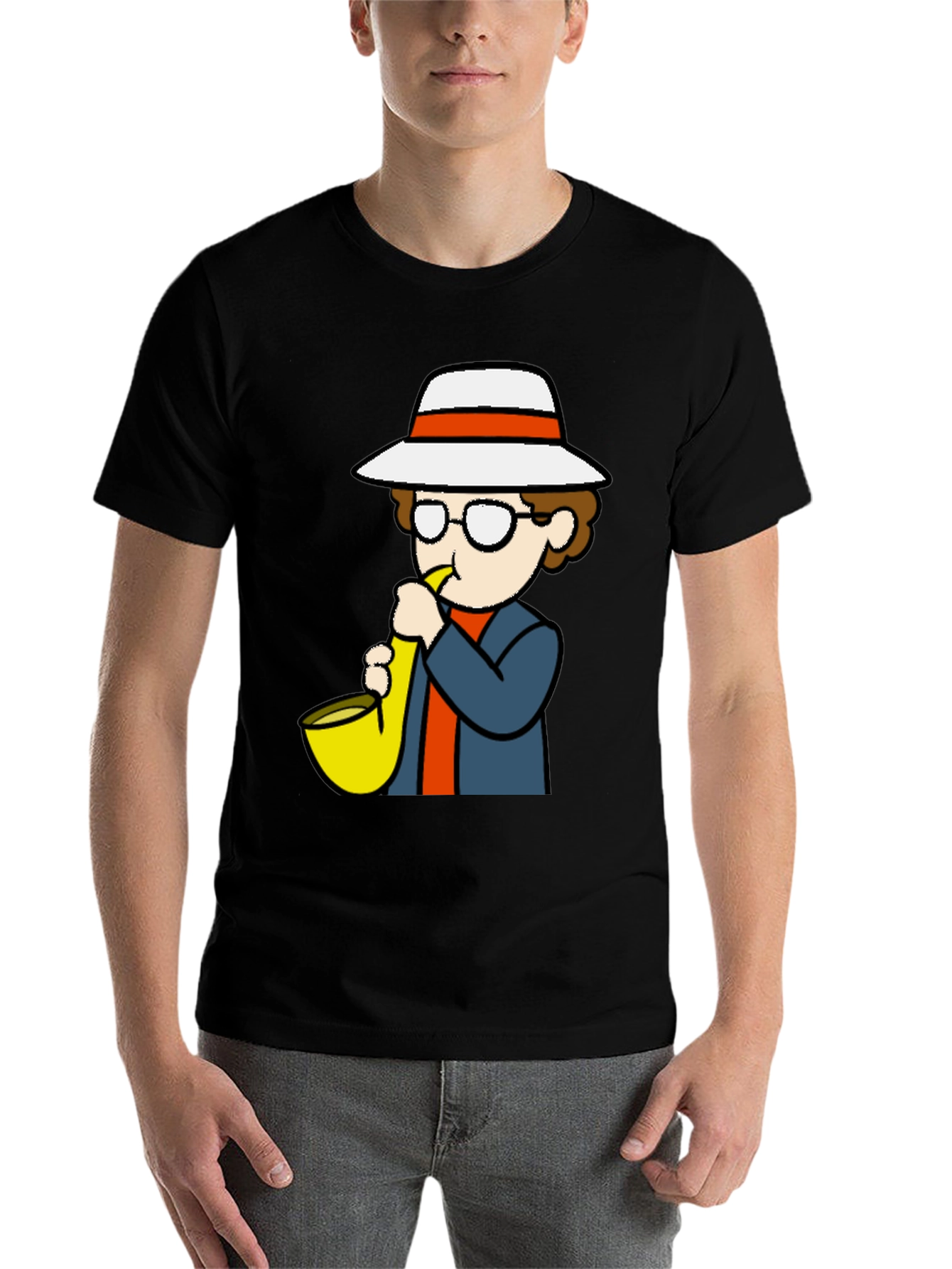Black Cartoon Sax Player T-Shirt - Cool Graphic Tee view 7