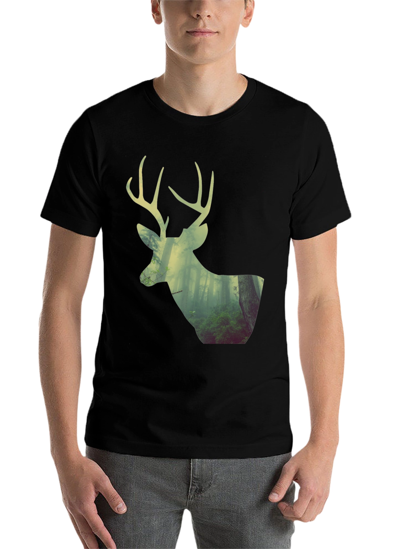 Black Deer Forest Graphic Print Black T-Shirt view 7