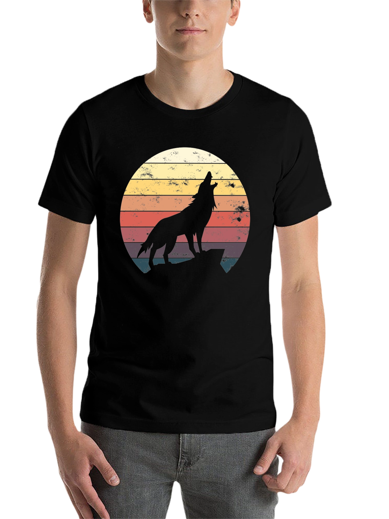 Black Retro Wolf Silhouette T-Shirt - Vintage Style view 7