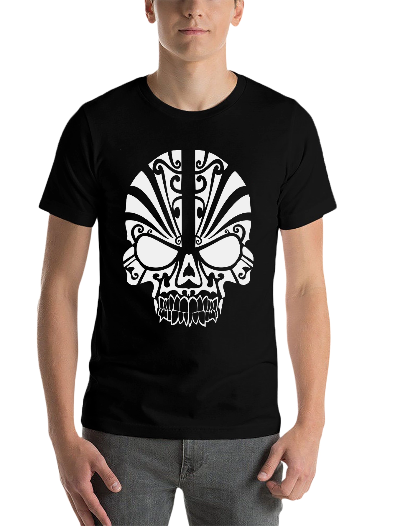 Black Tribal Skull Graphic T-Shirt - Modern Edgy Design view 7