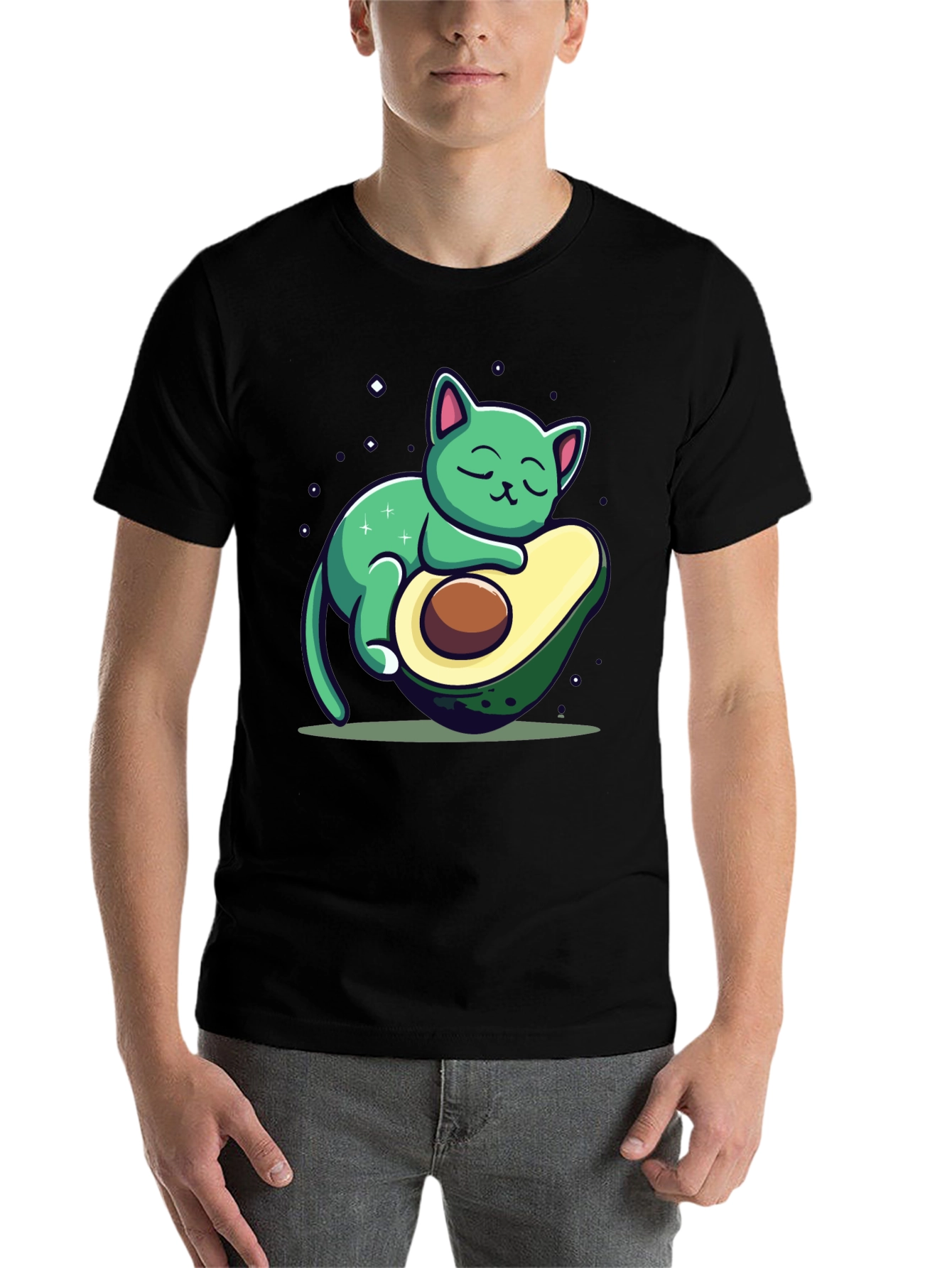 Black Cute Avocado Cat Graphic T-Shirt - Black view 7