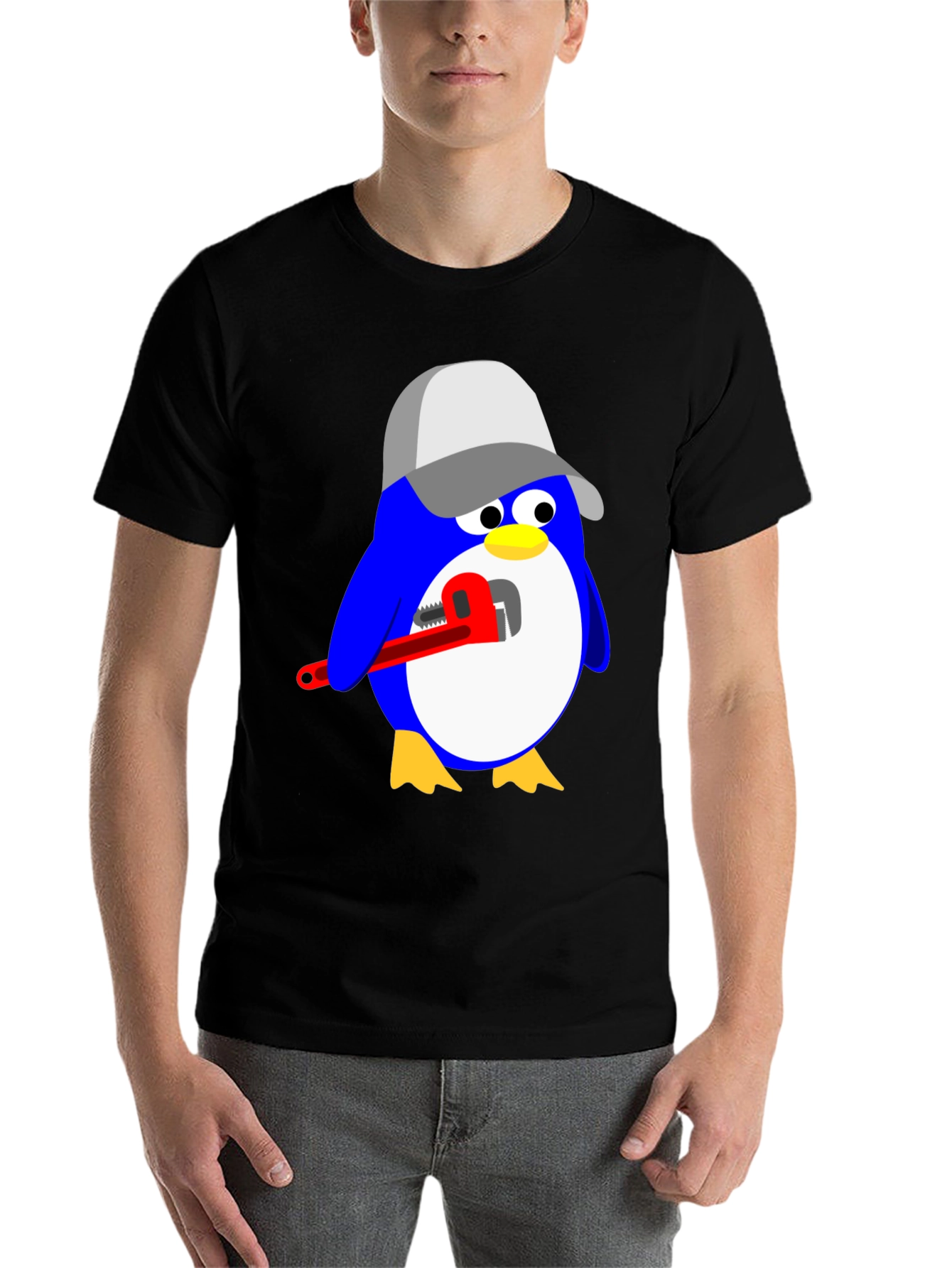 Black Plumber Penguin Graphic Tee - Black Cotton Shirt view 7