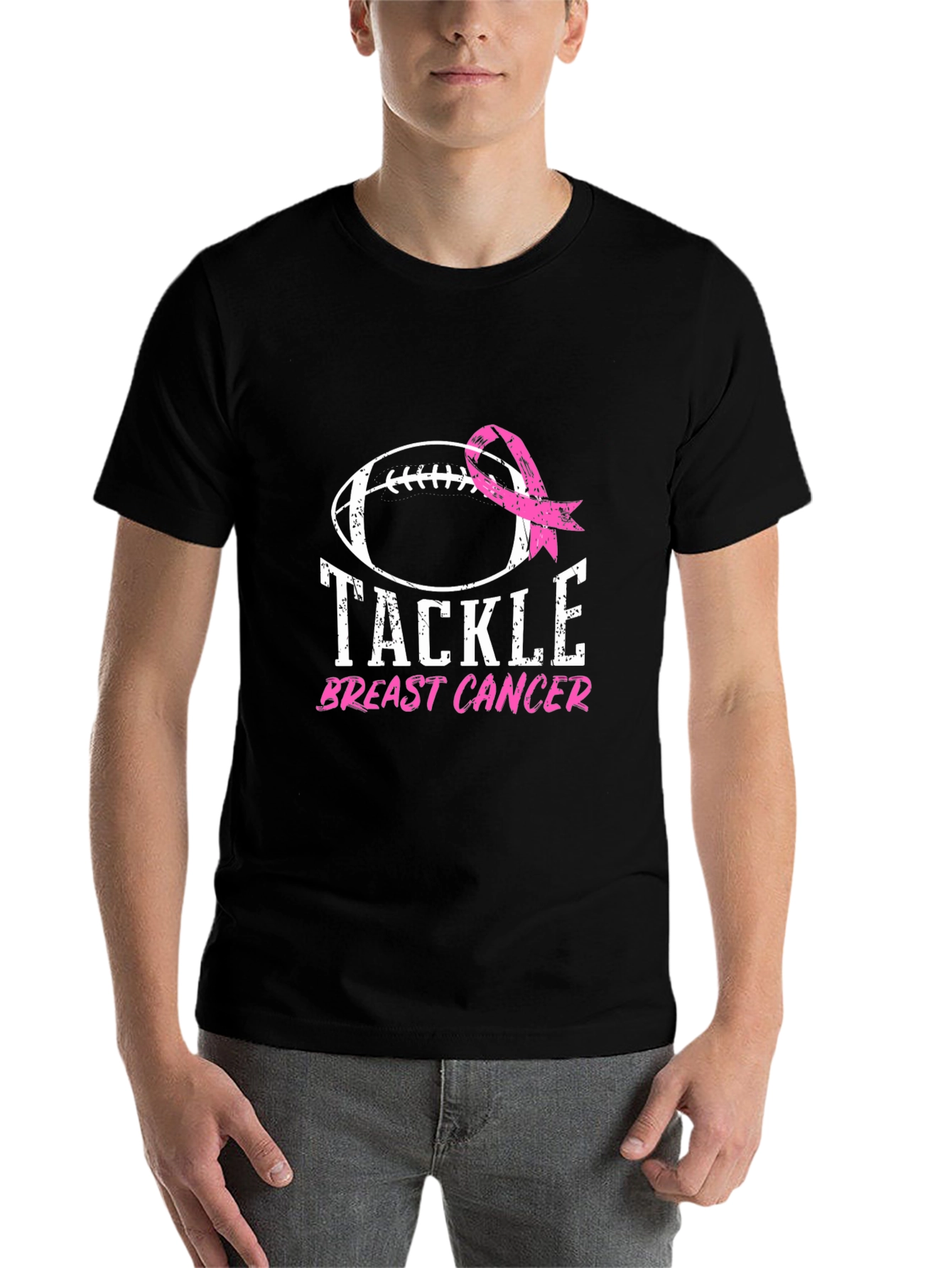 Black Tackle Breast Cancer Football Ribbon Awareness T-Shirt view 7
