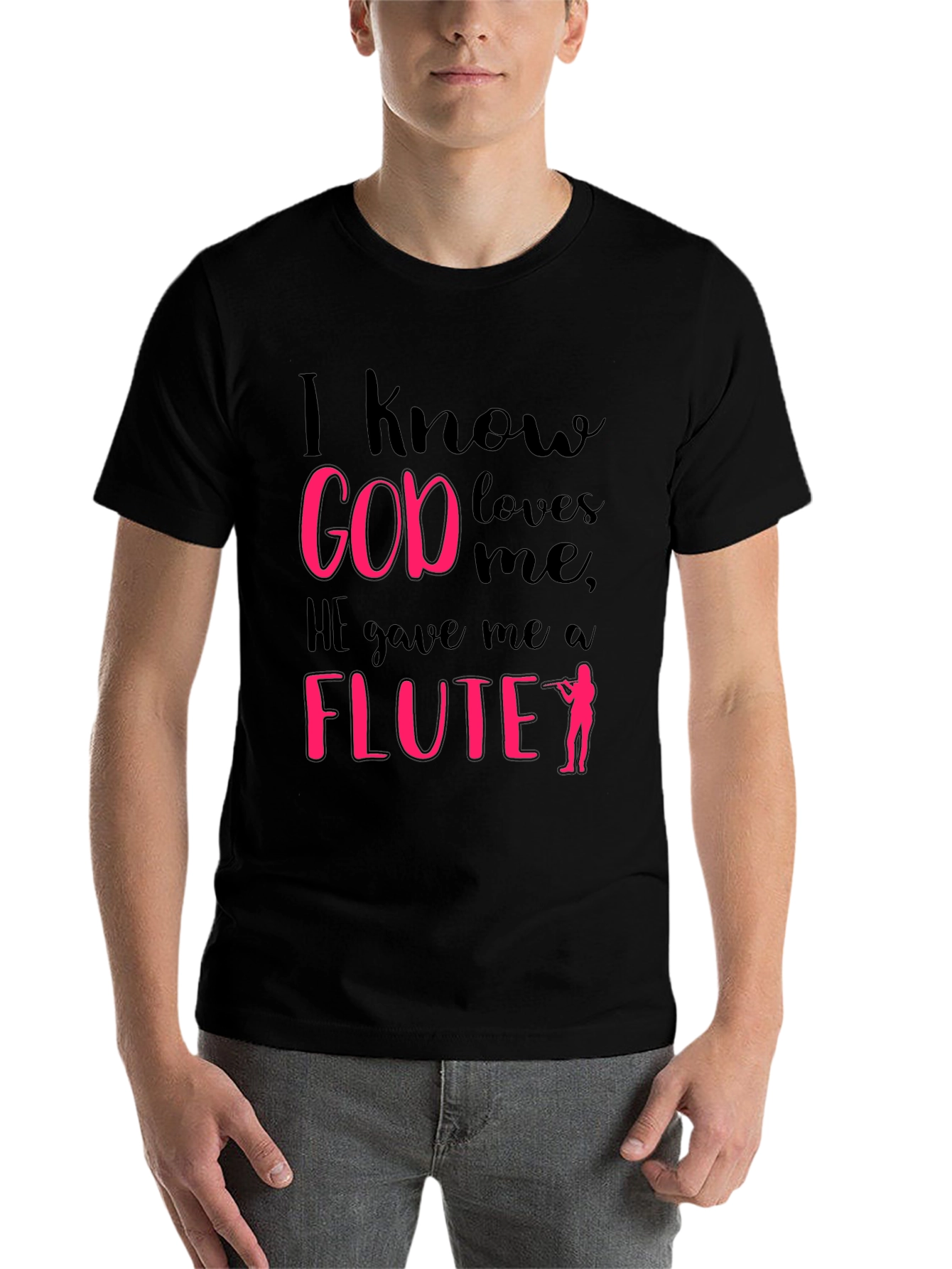 Black I Know God Loves Me Flute Player T-Shirt view 7