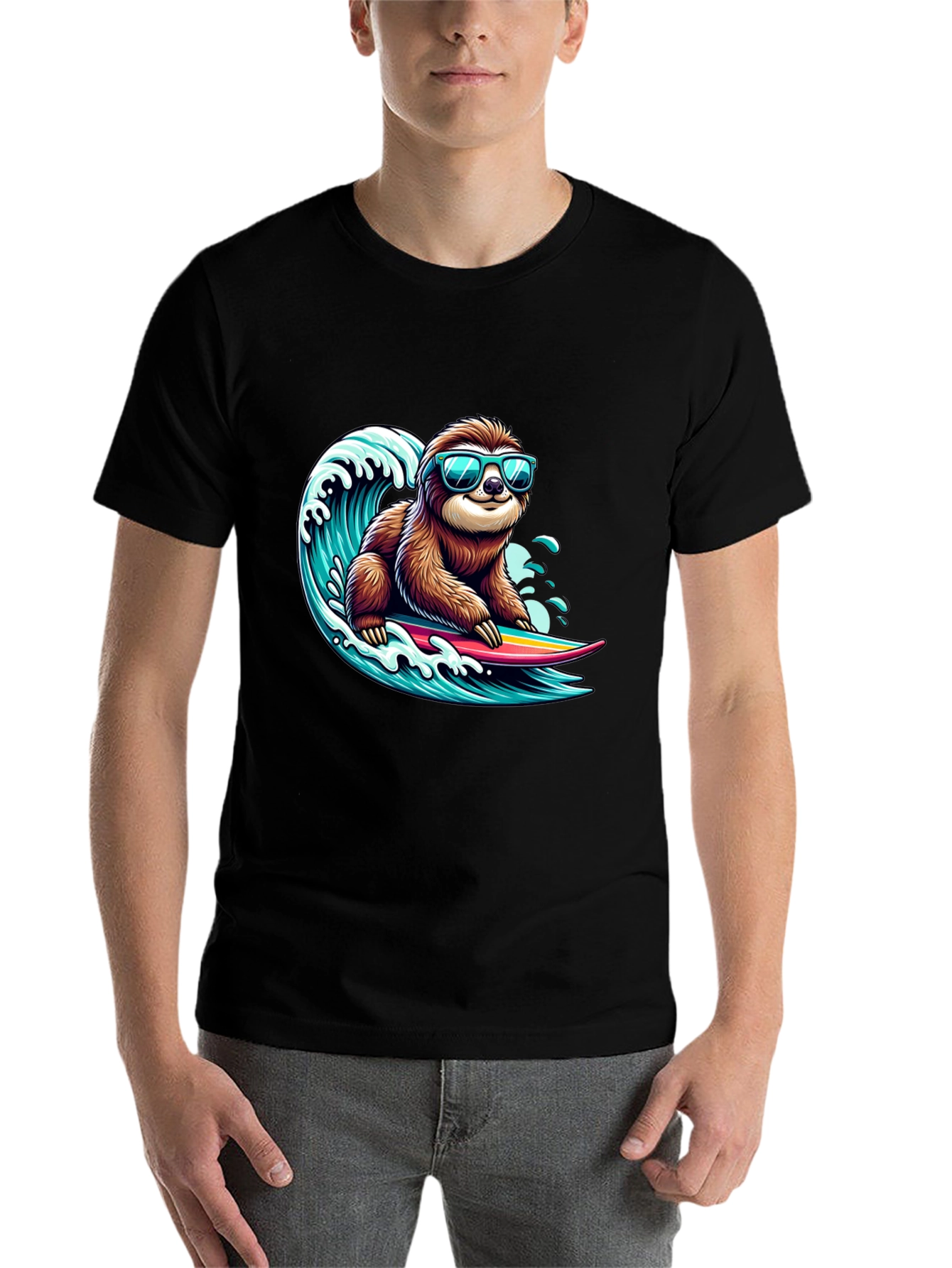 Black Surfing Sloth Graphic Tee - Cool Black T-Shirt view 7