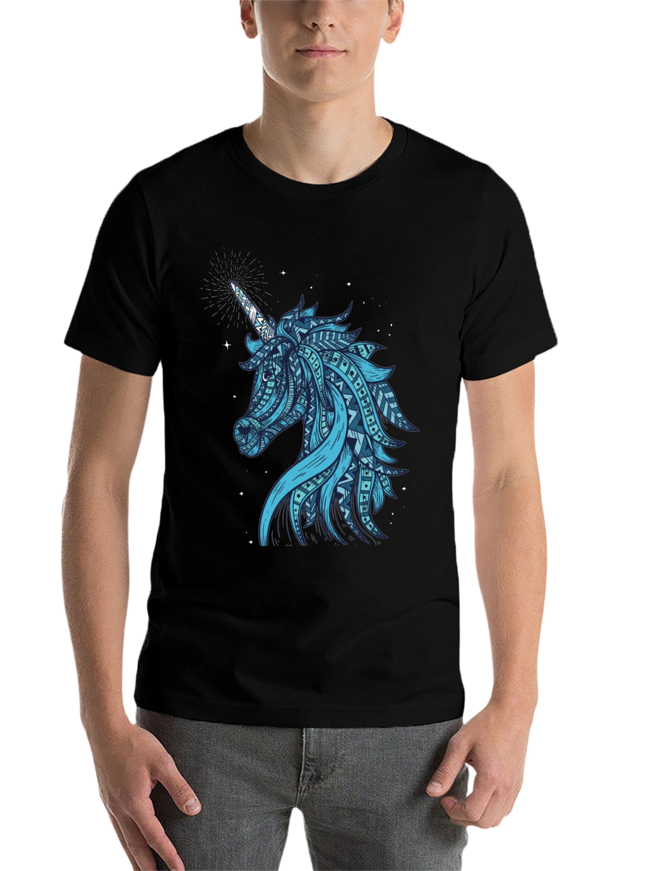 Black Tribal Unicorn Graphic Tee - Men's Black T-Shirt view 7