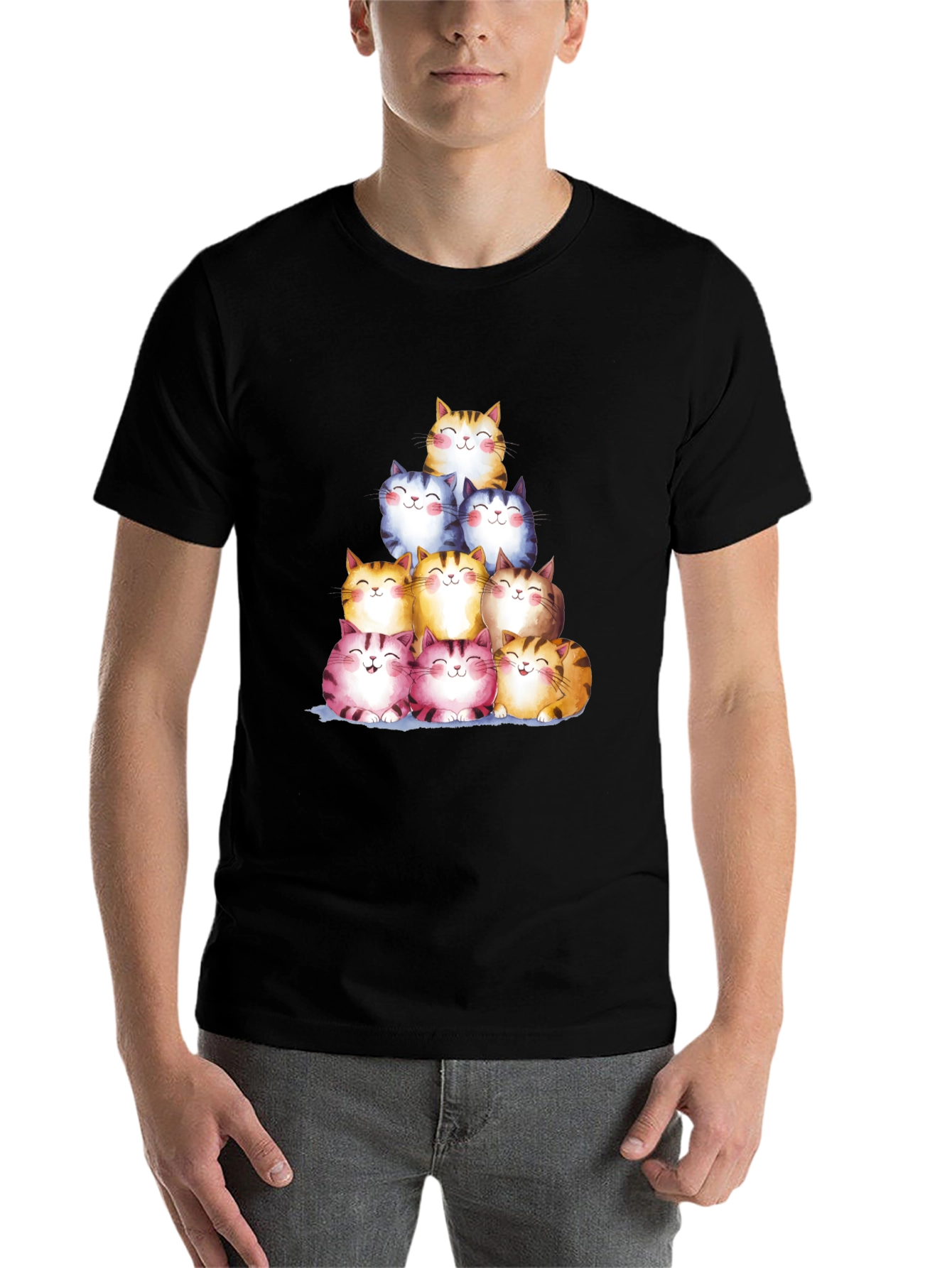 Black Stacked Smiling Cats Graphic Tee - Black view 7