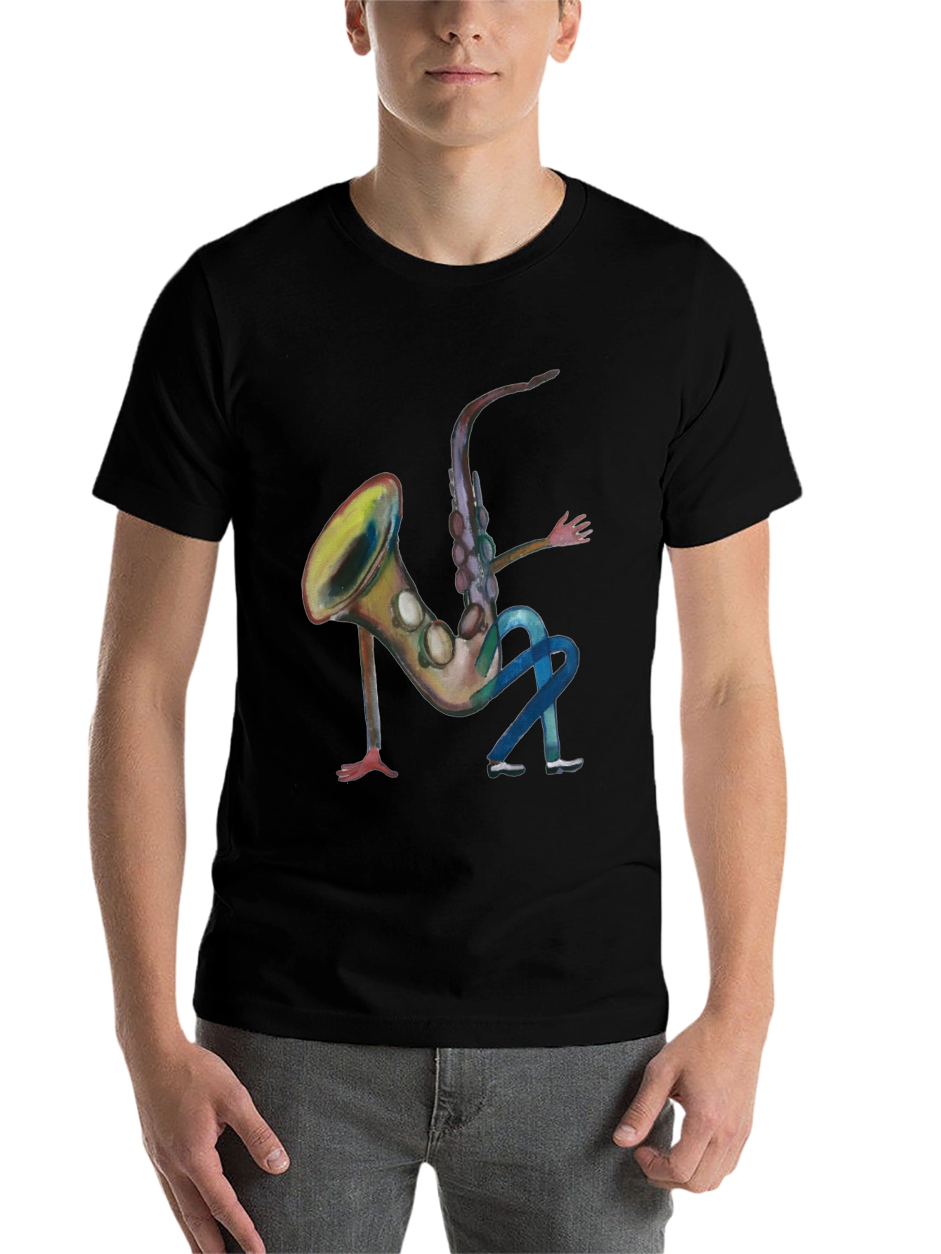Black Saxophone Man Black T-Shirt - Funny Music Tee view 7