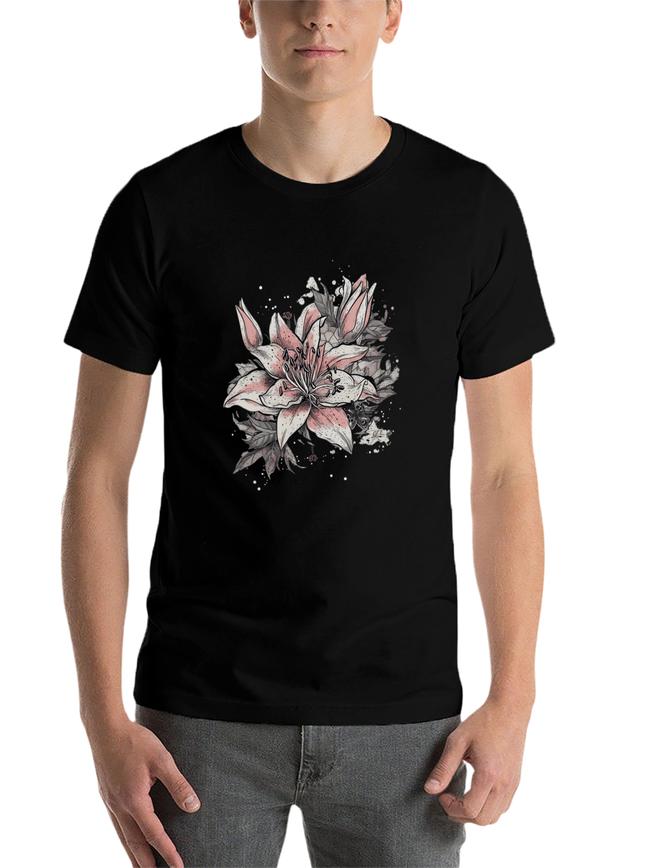 Black Floral Lily Graphic Black T-Shirt view 7