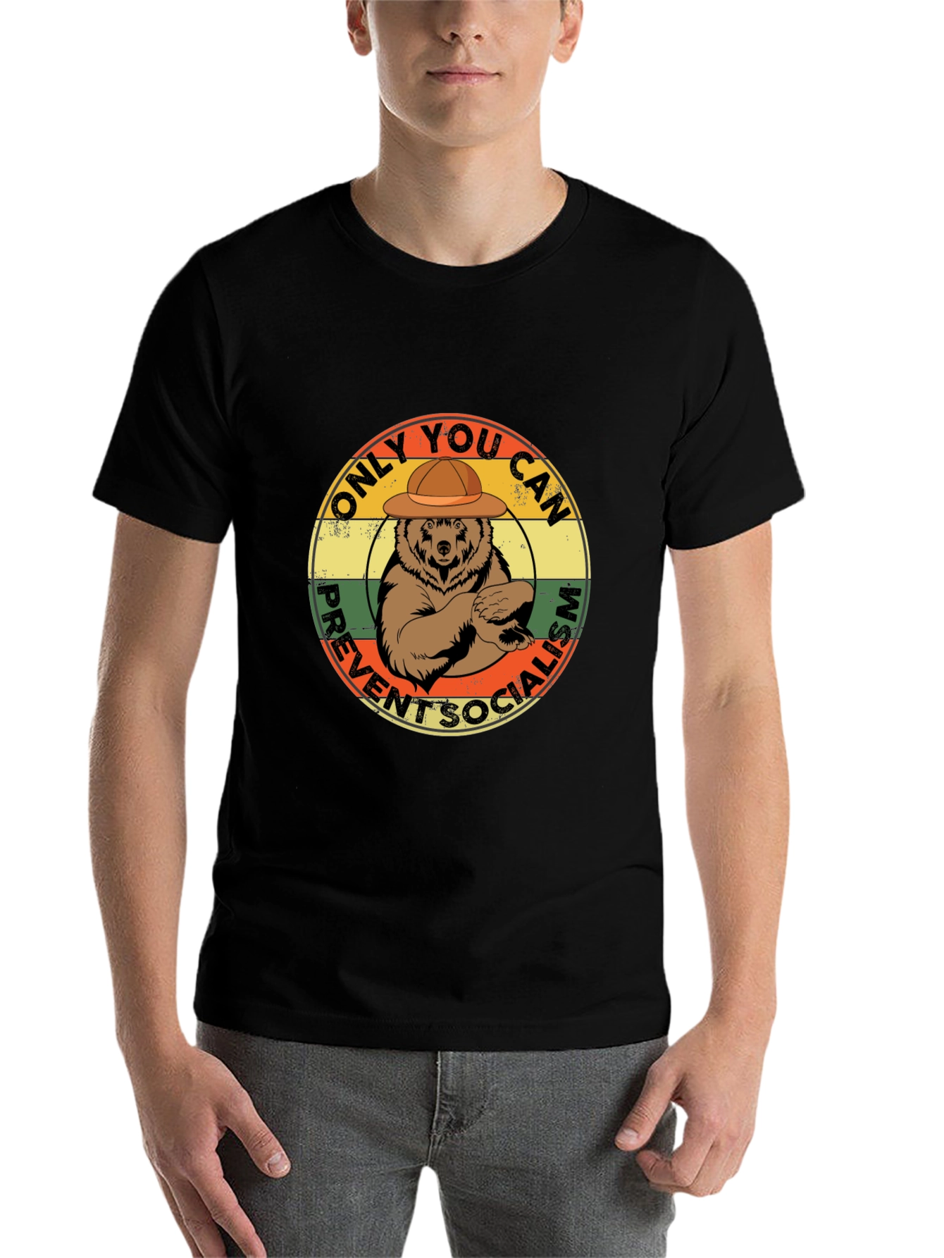 Black Smokey Bear Prevent Socialism T-Shirt view 7