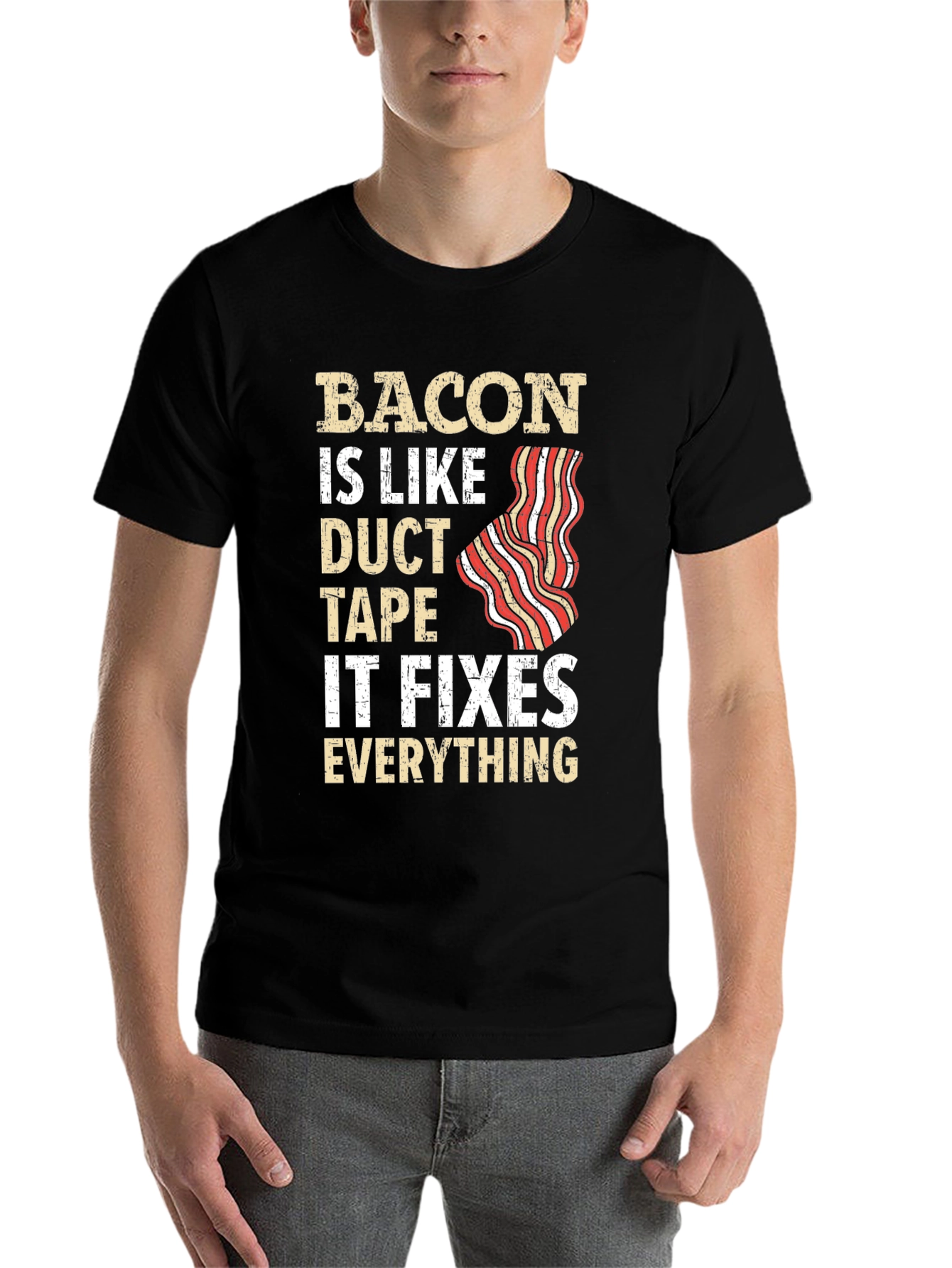 Black Bacon Duct Tape Fixes All Funny T-Shirt view 7