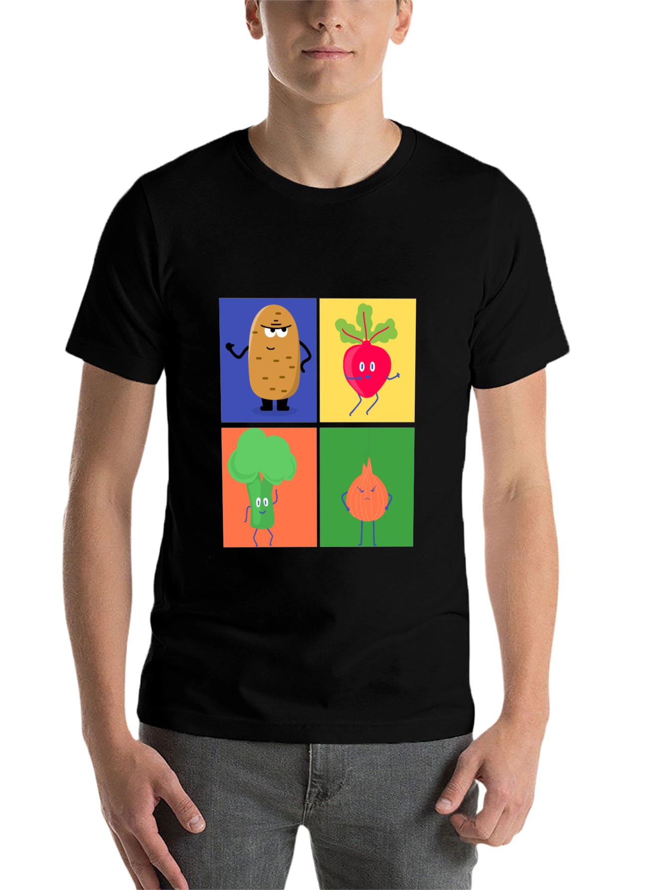 Black Veggie Cartoon T-Shirt: Potato, Beet, Broccoli, Onion view 7