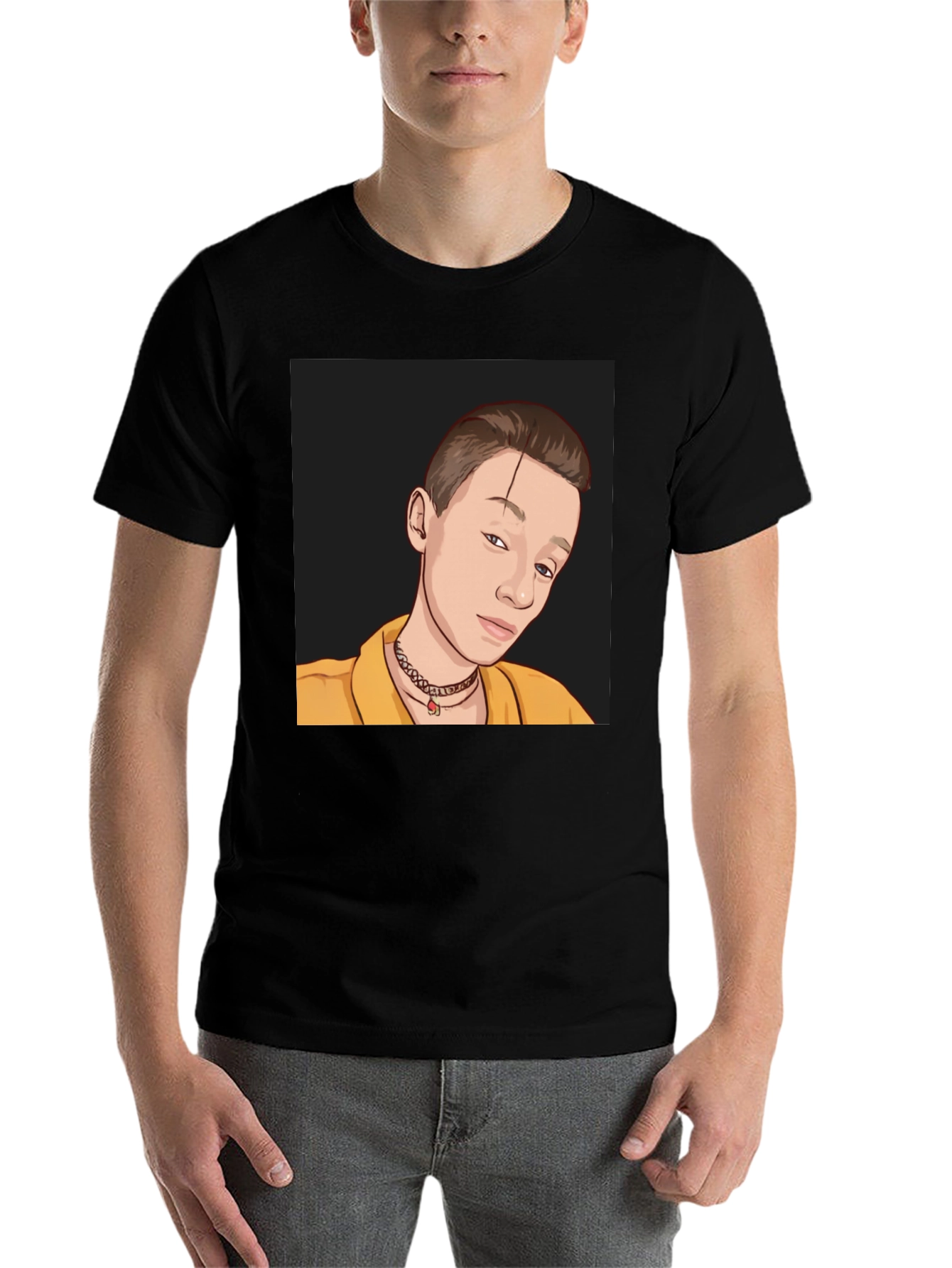 Black Graphic Tee: Cartoon Portrait T-Shirt view 7