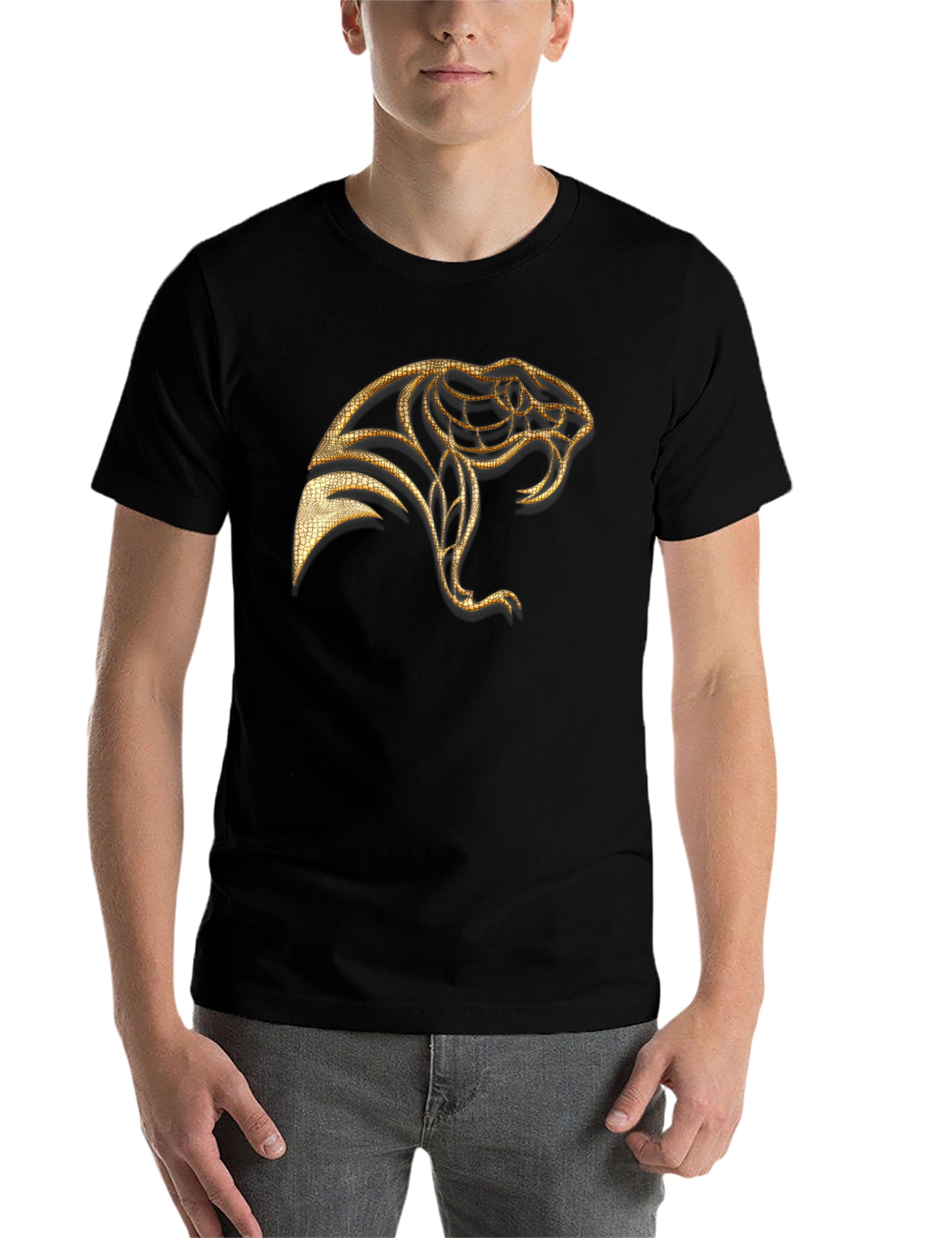 Black Men's Black T-Shirt with Golden Snake Design view 7