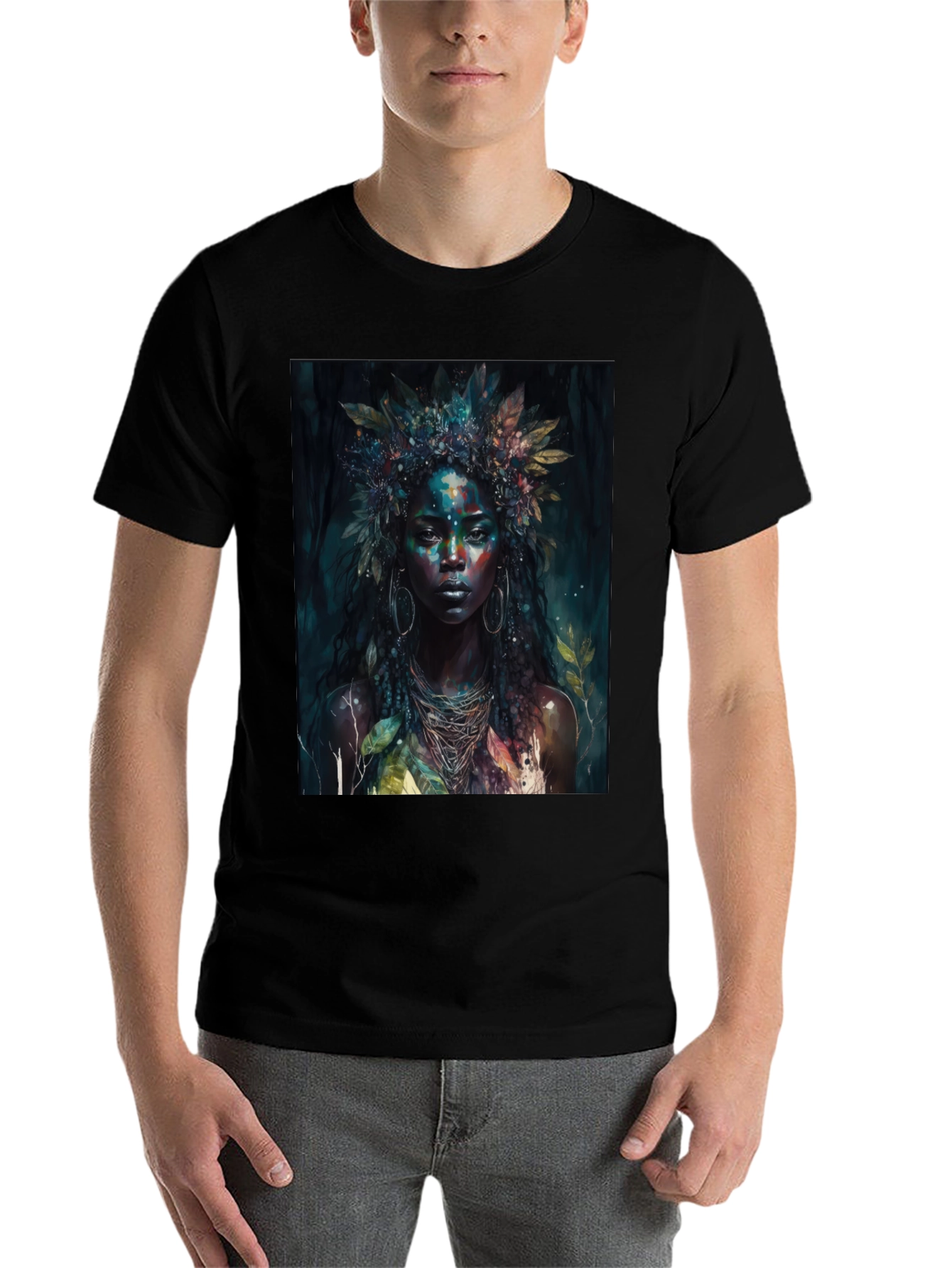 Black Mystic Woman Graphic Tee - Nature Art T-Shirt view 7