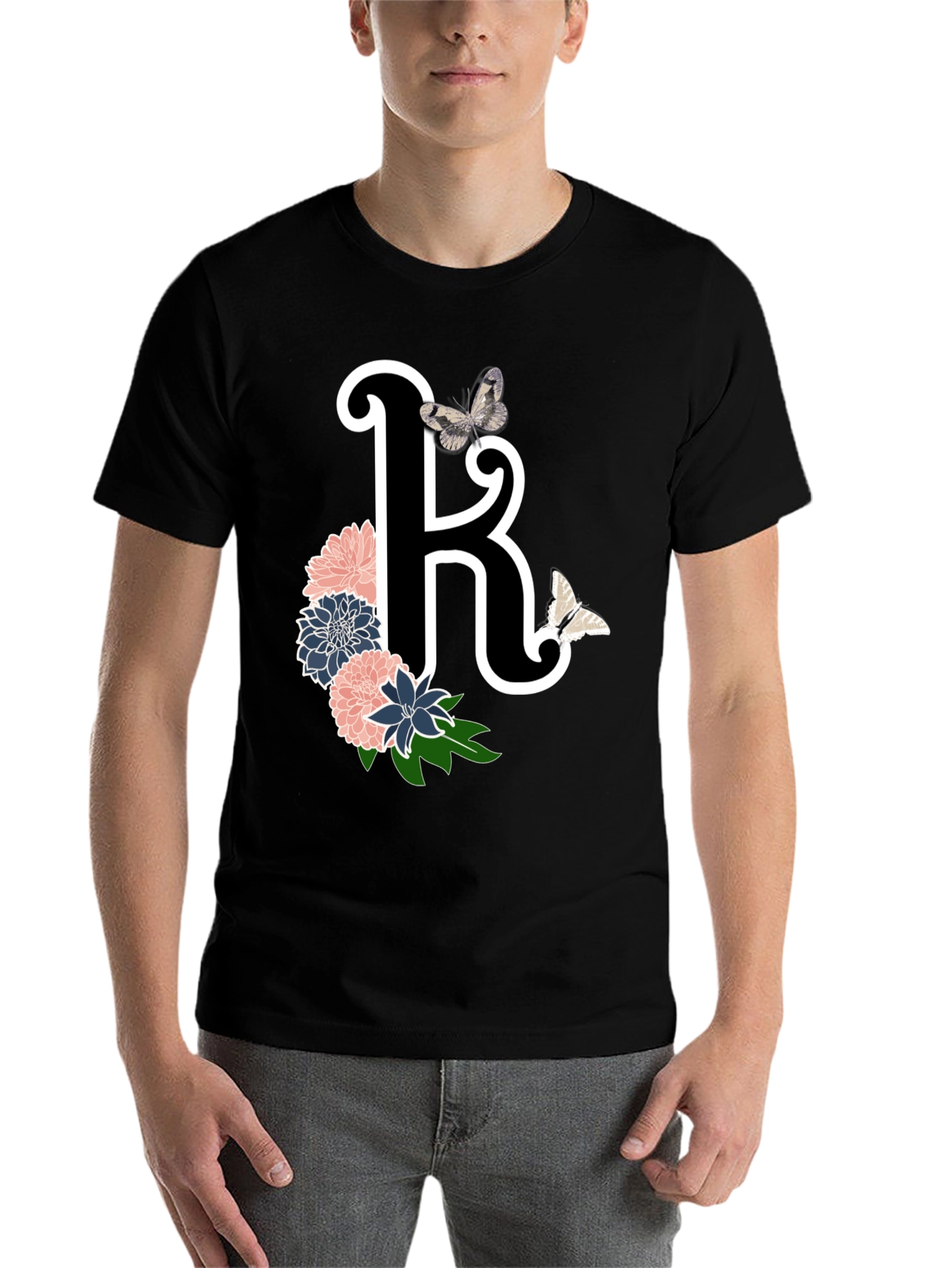 Black Floral Letter K Black T-Shirt view 7