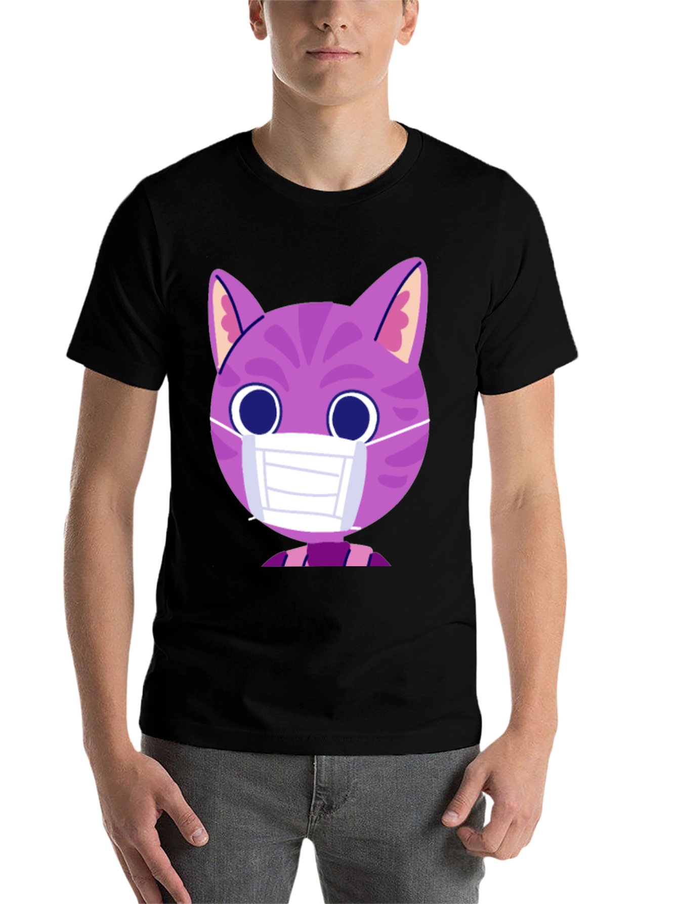 Black Cute Cat in Mask Graphic Tee - Unisex Black T-Shirt view 7