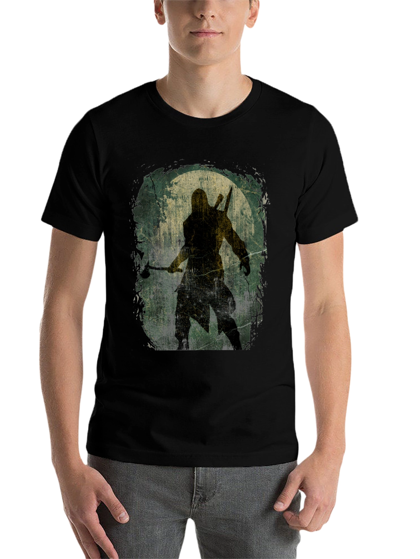 Black Warrior Silhouette Graphic Tee - Black Cotton T-Shirt view 7