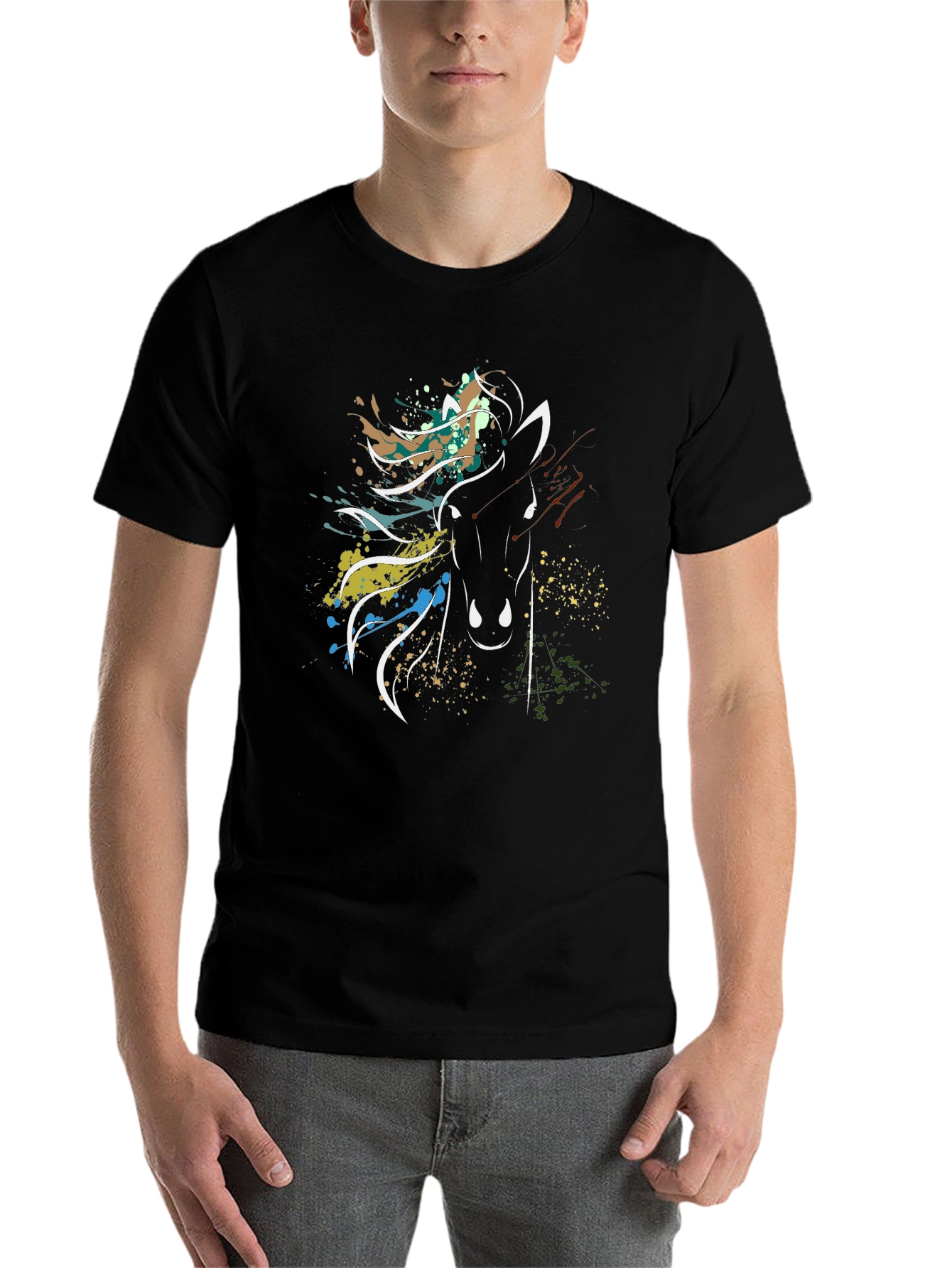 Black Abstract Horse Graphic Tee - Stylish Men's Black T-Shirt view 7