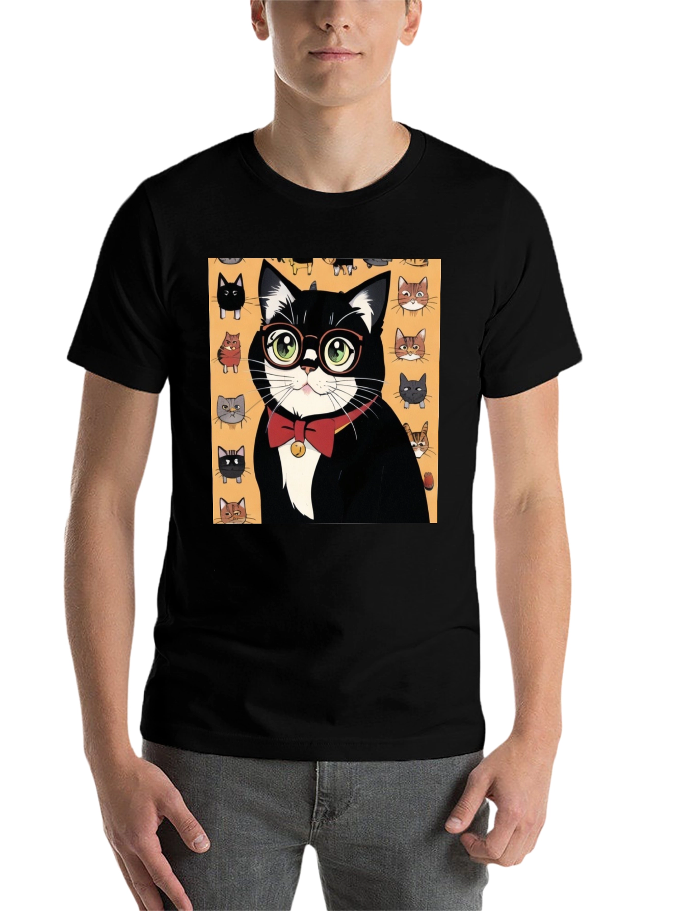 Black Cool Cat T-Shirt - Black Tee with Whimsical Cat Print view 7