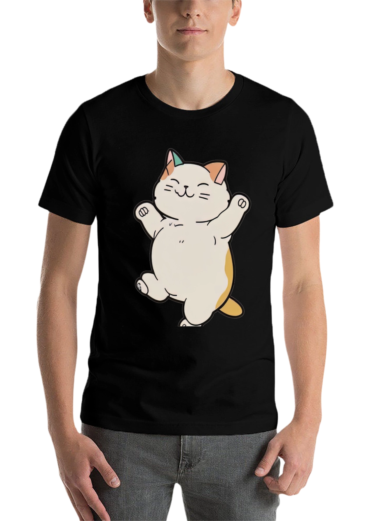 Black Cute Cat T-Shirt - Happy Cartoon Kitty Design view 7