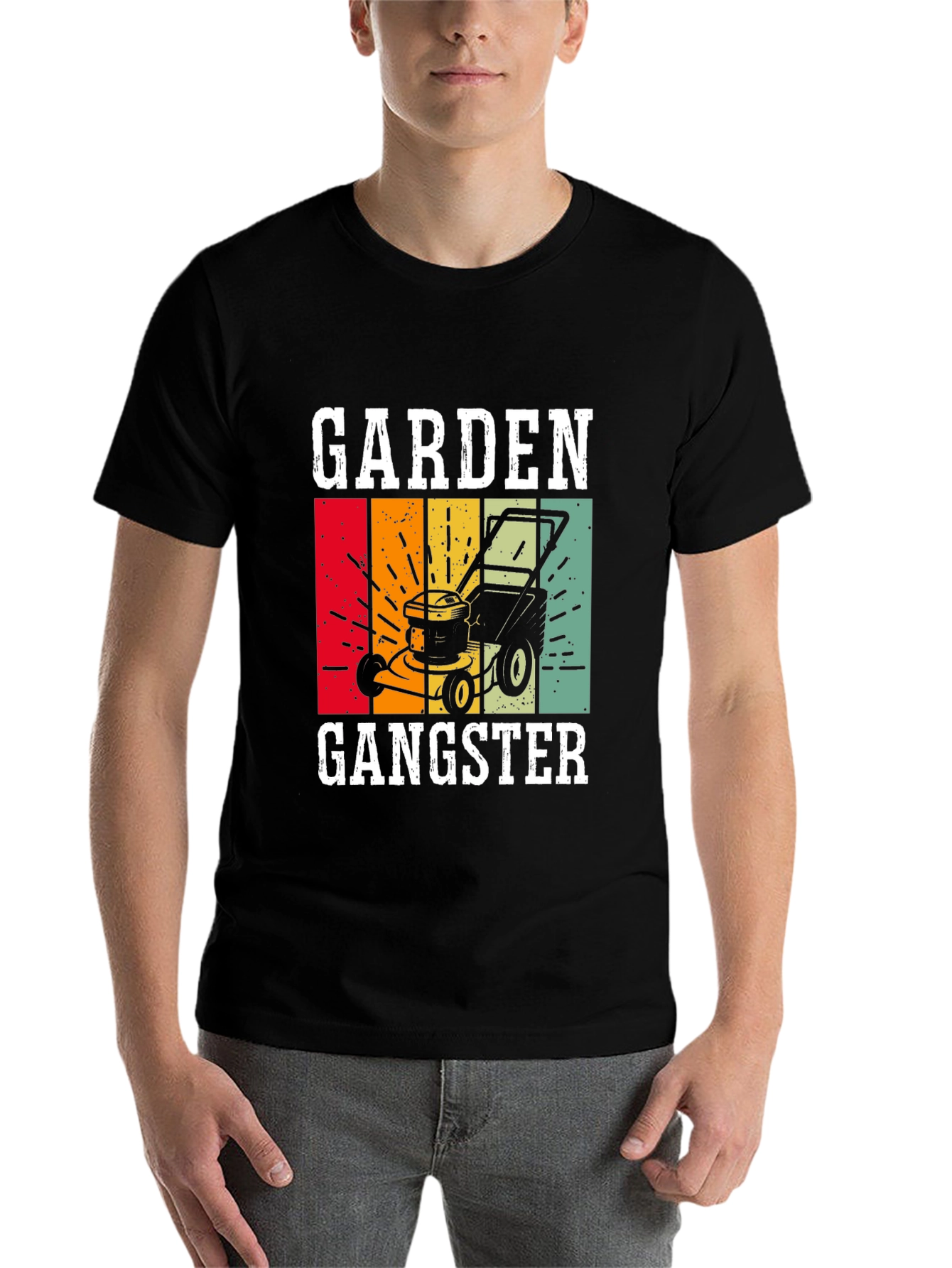 Black Garden Gangster Graphic T-Shirt - Retro Lawn Mower Design view 7