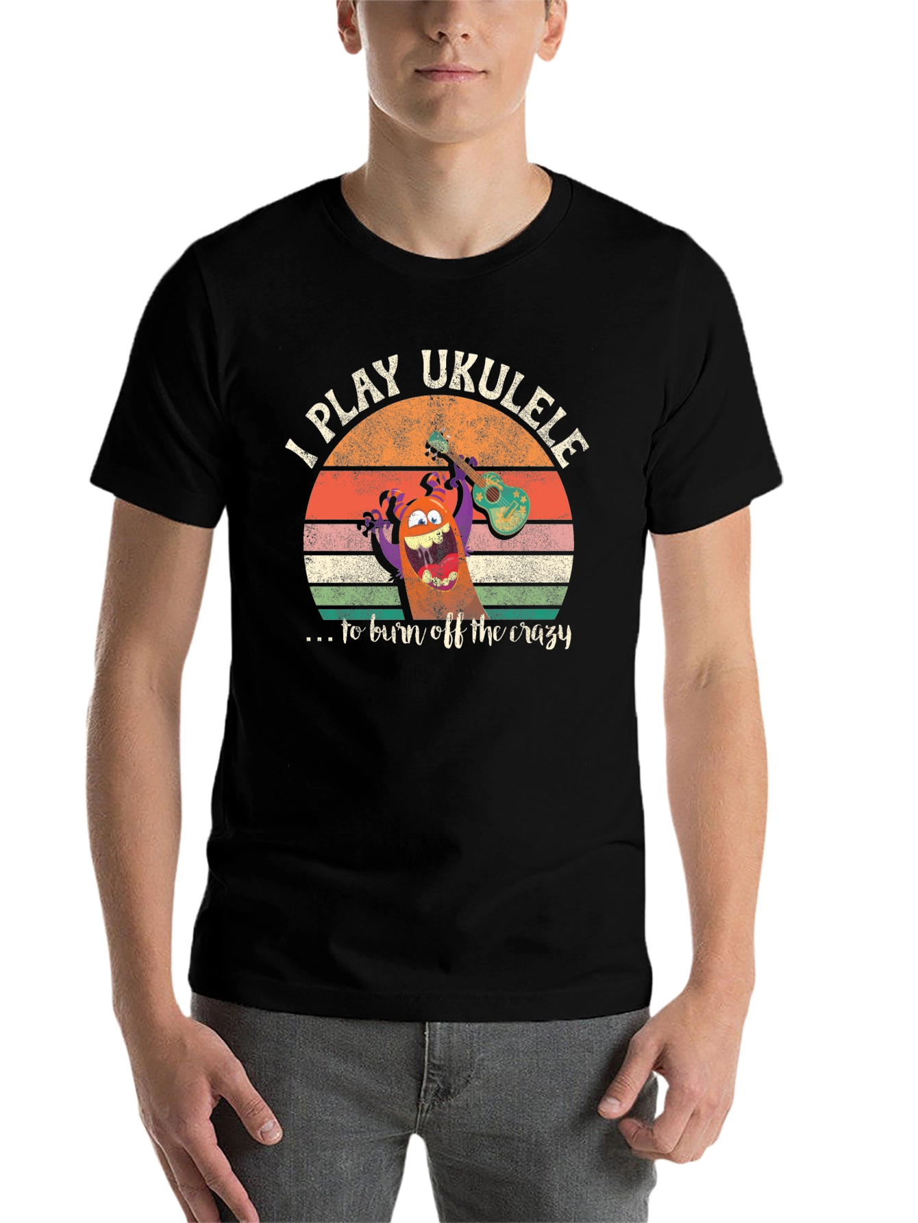 Black I Play Ukulele to Burn Off Crazy Graphic Tee view 7