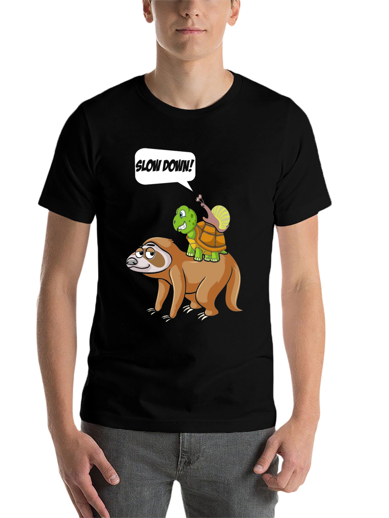 Black Funny Slow Down Sloth, Turtle, and Snail T-Shirt view 7