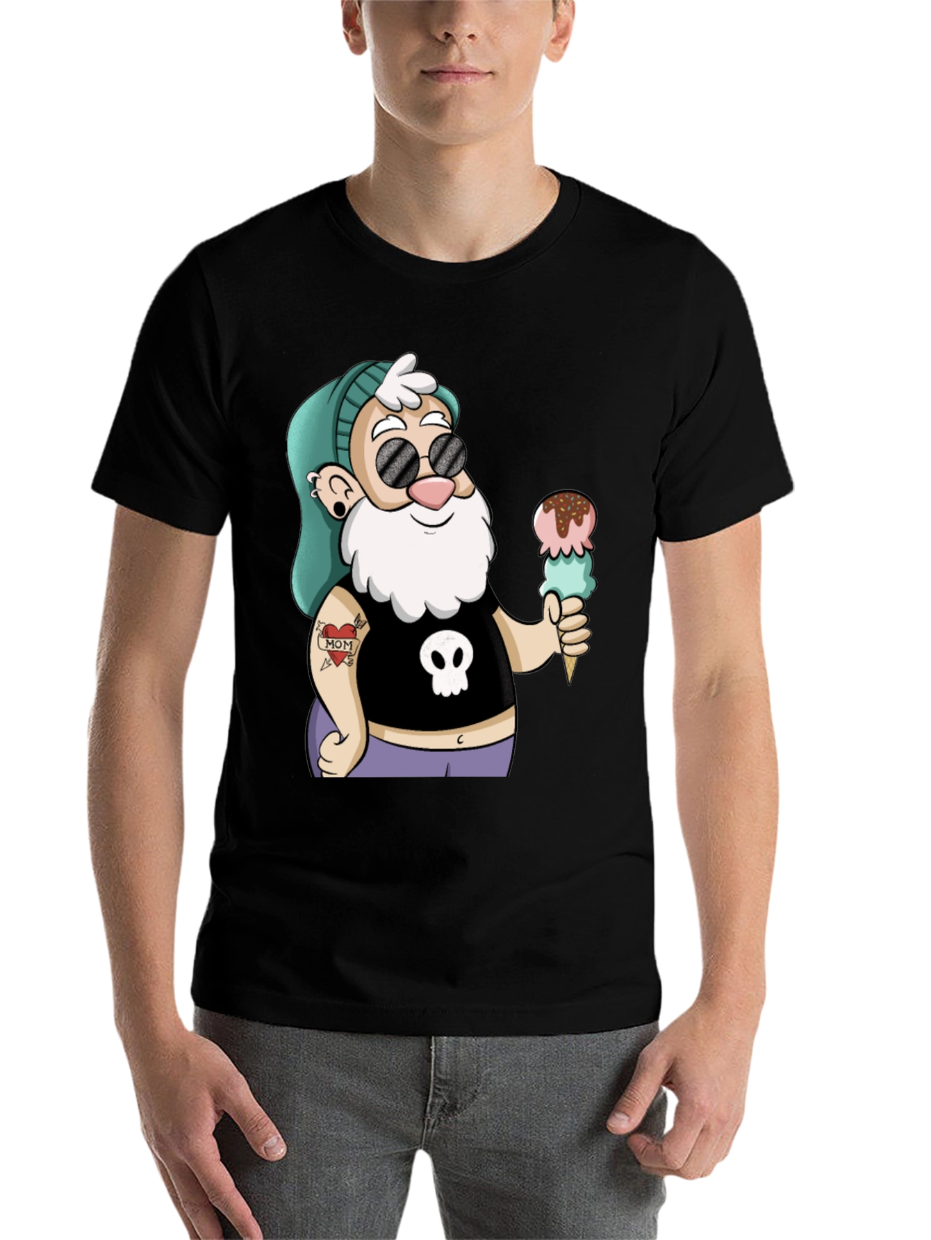 Black Cartoon Hipster Gnome T-Shirt view 7