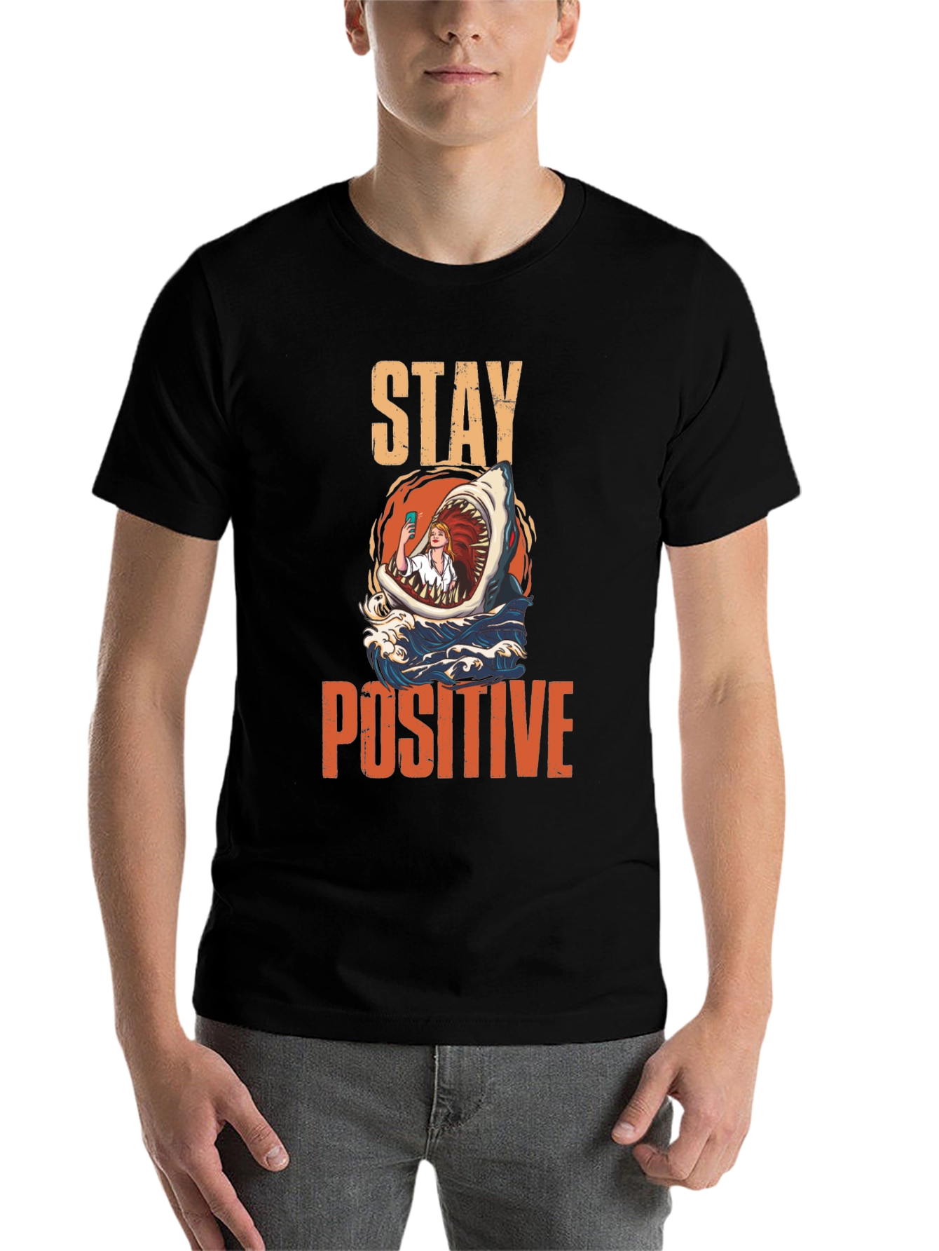 Black Stay Positive Shark Selfie Graphic Tee view 7
