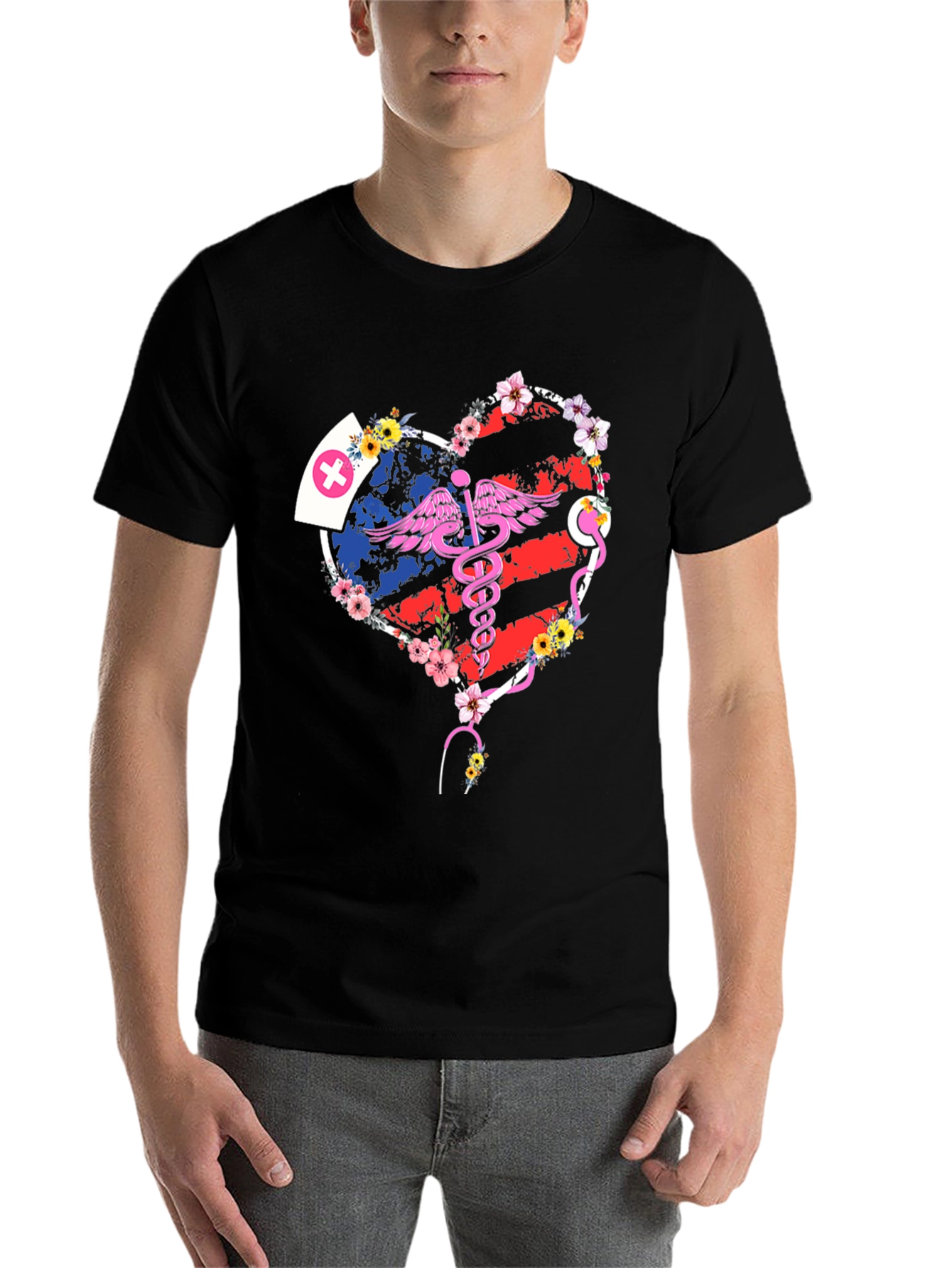Black Nurse American Flag Heart T-Shirt view 7