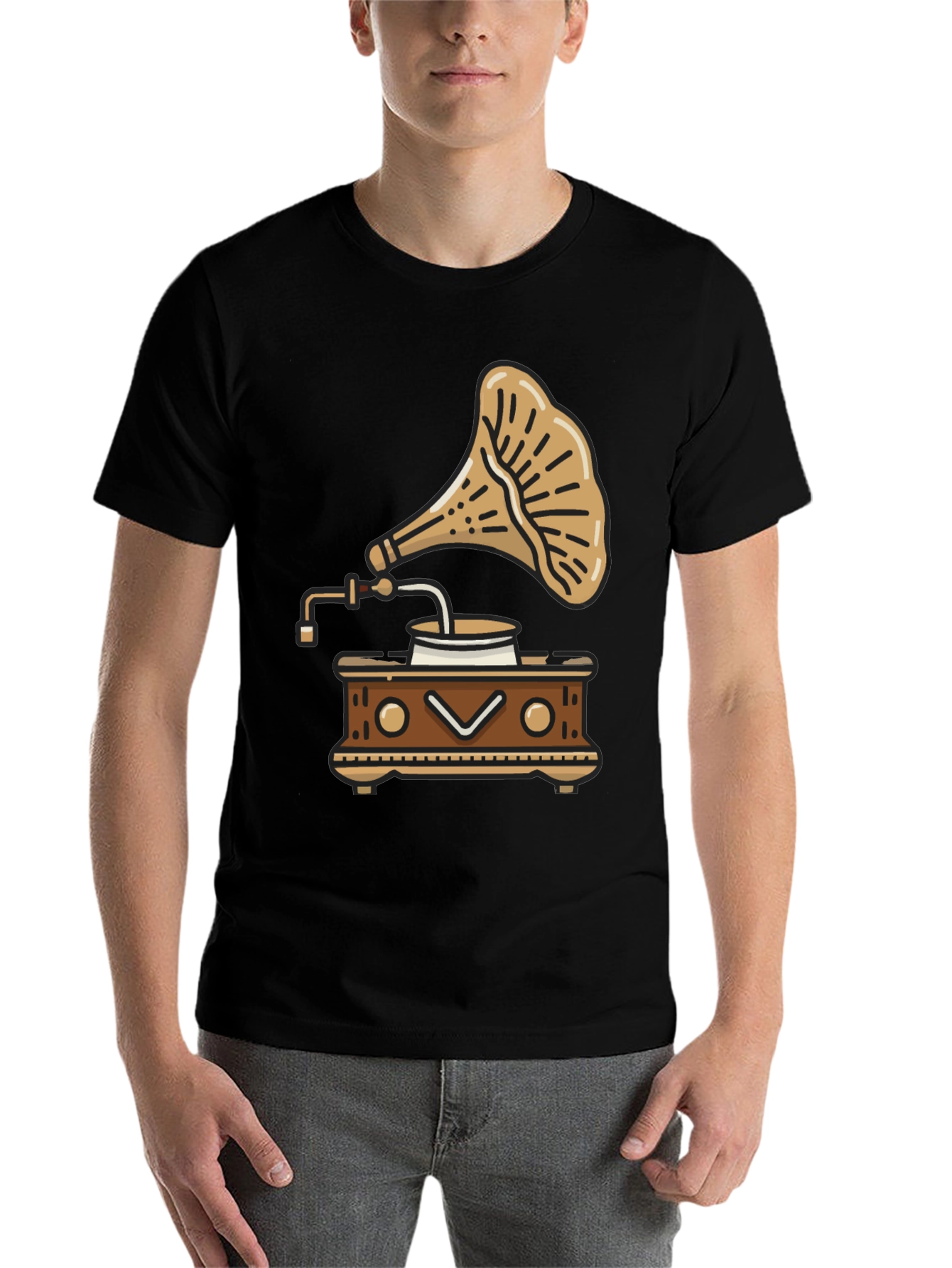 Black Vintage Gramophone T-Shirt - Retro Music Style view 7