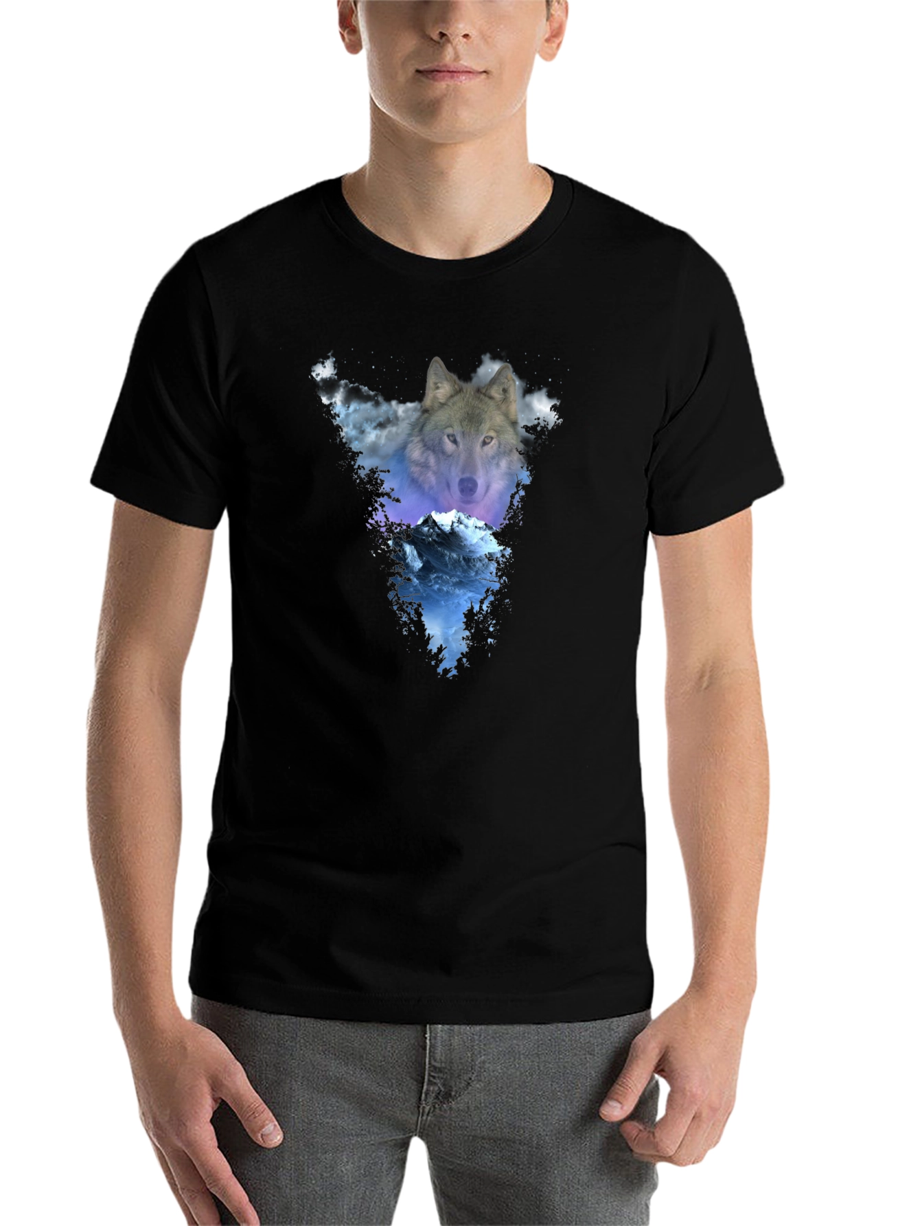 Black Wolf & Mountain Graphic Black T-Shirt view 7
