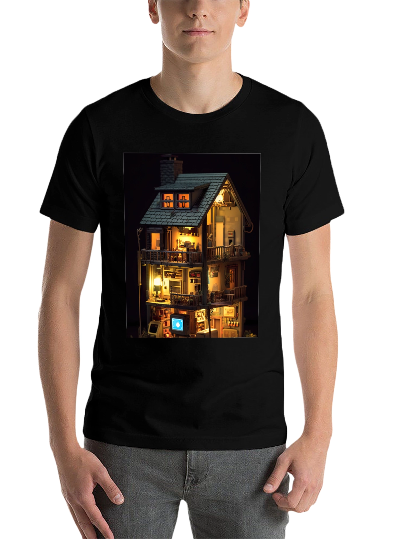 Black Architectural Dollhouse Graphic Tee - Unique Design view 7