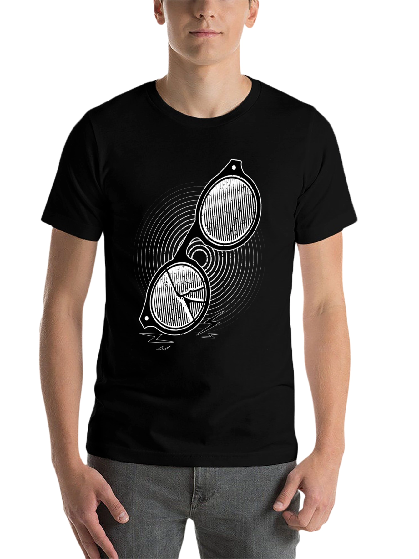 Black Men's Black Graphic Tee - Retro Sunglasses Design view 7