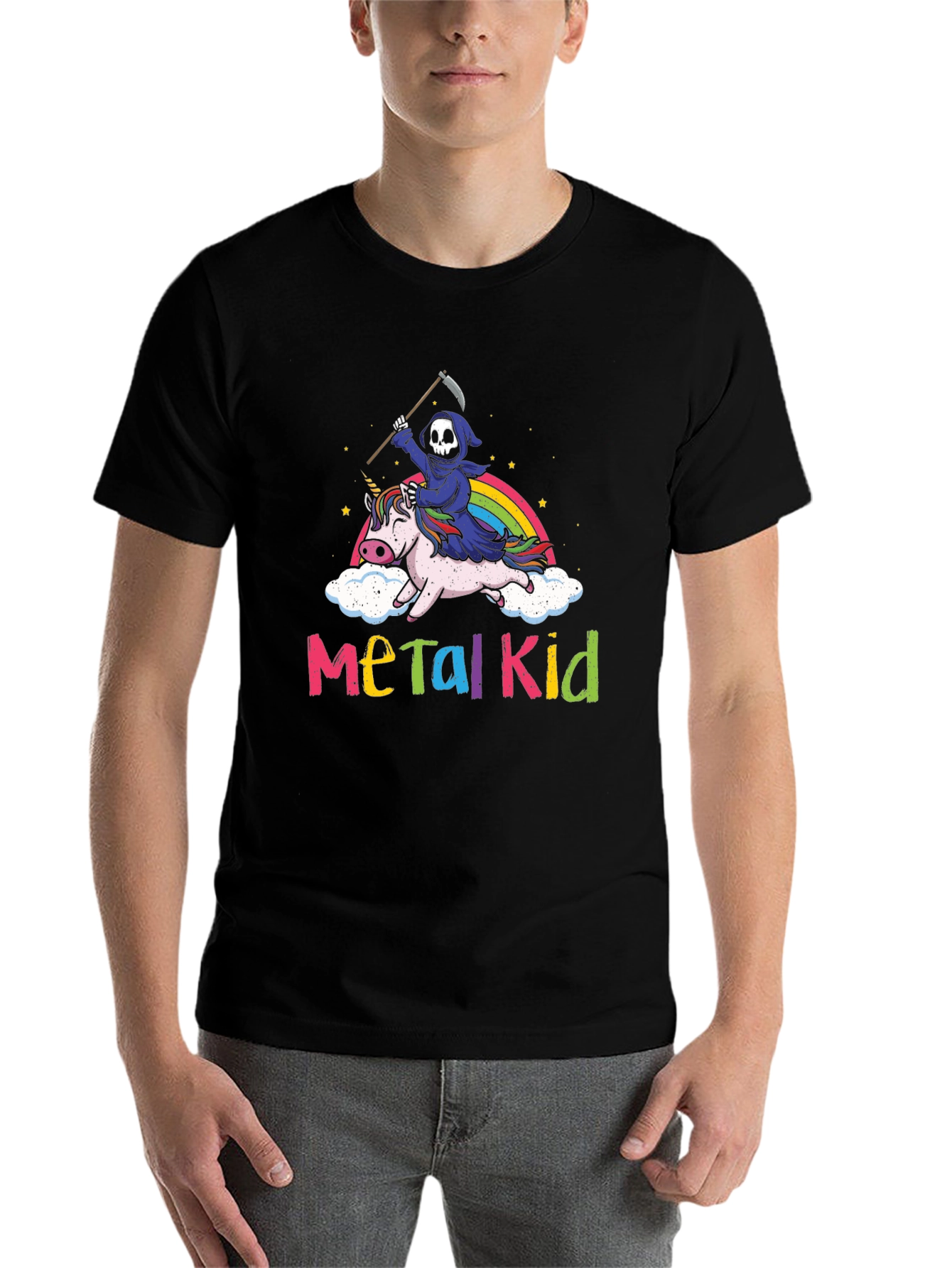 Black Metal Kid Grim Reaper Unicorn Rainbow T-Shirt view 7