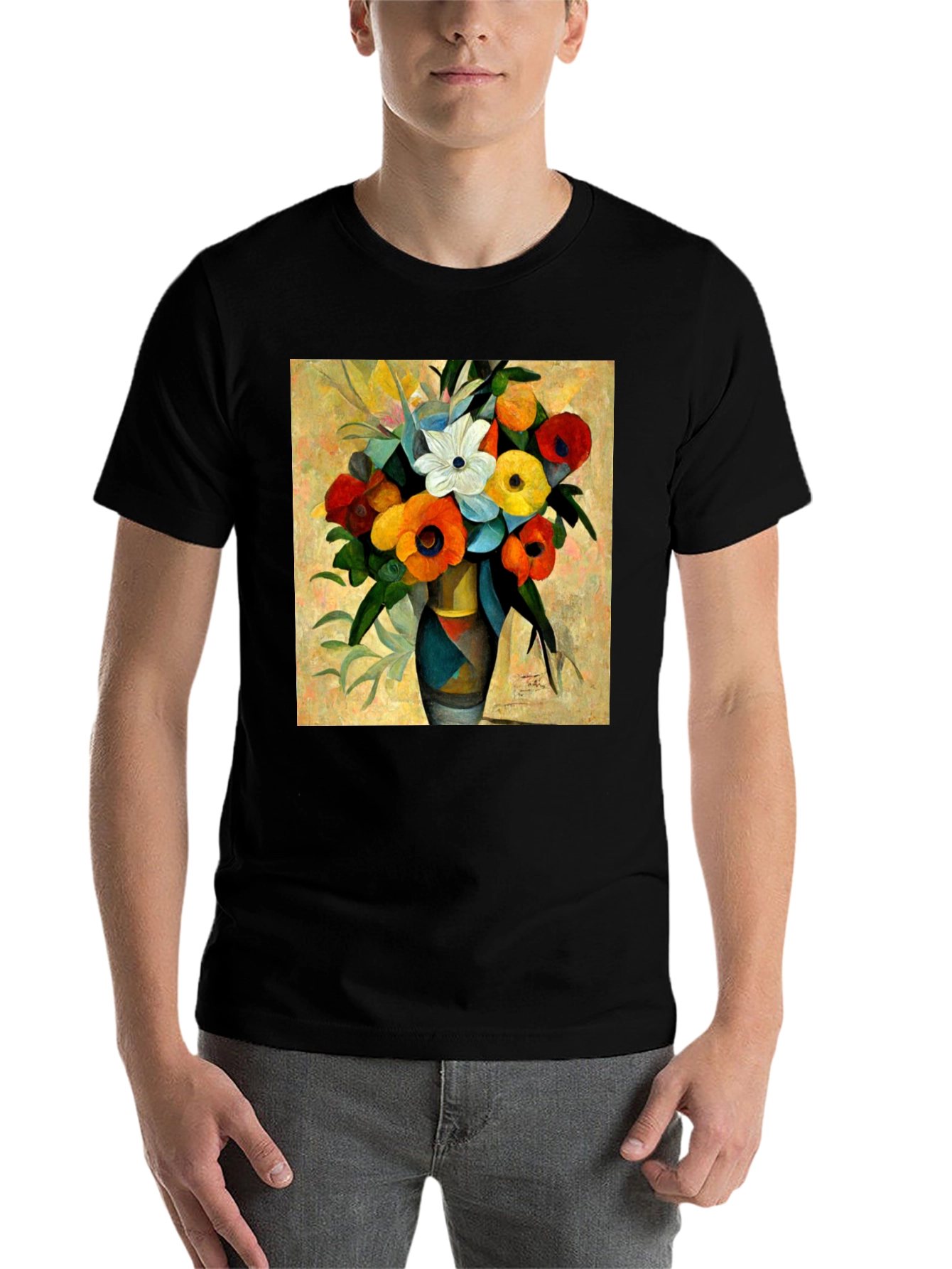 Black Floral Vase Print Black T-Shirt view 7