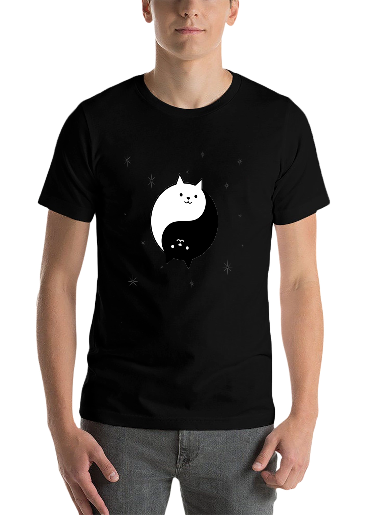 Black Yin Yang Cat Graphic Tee - Black Cotton T-Shirt view 7