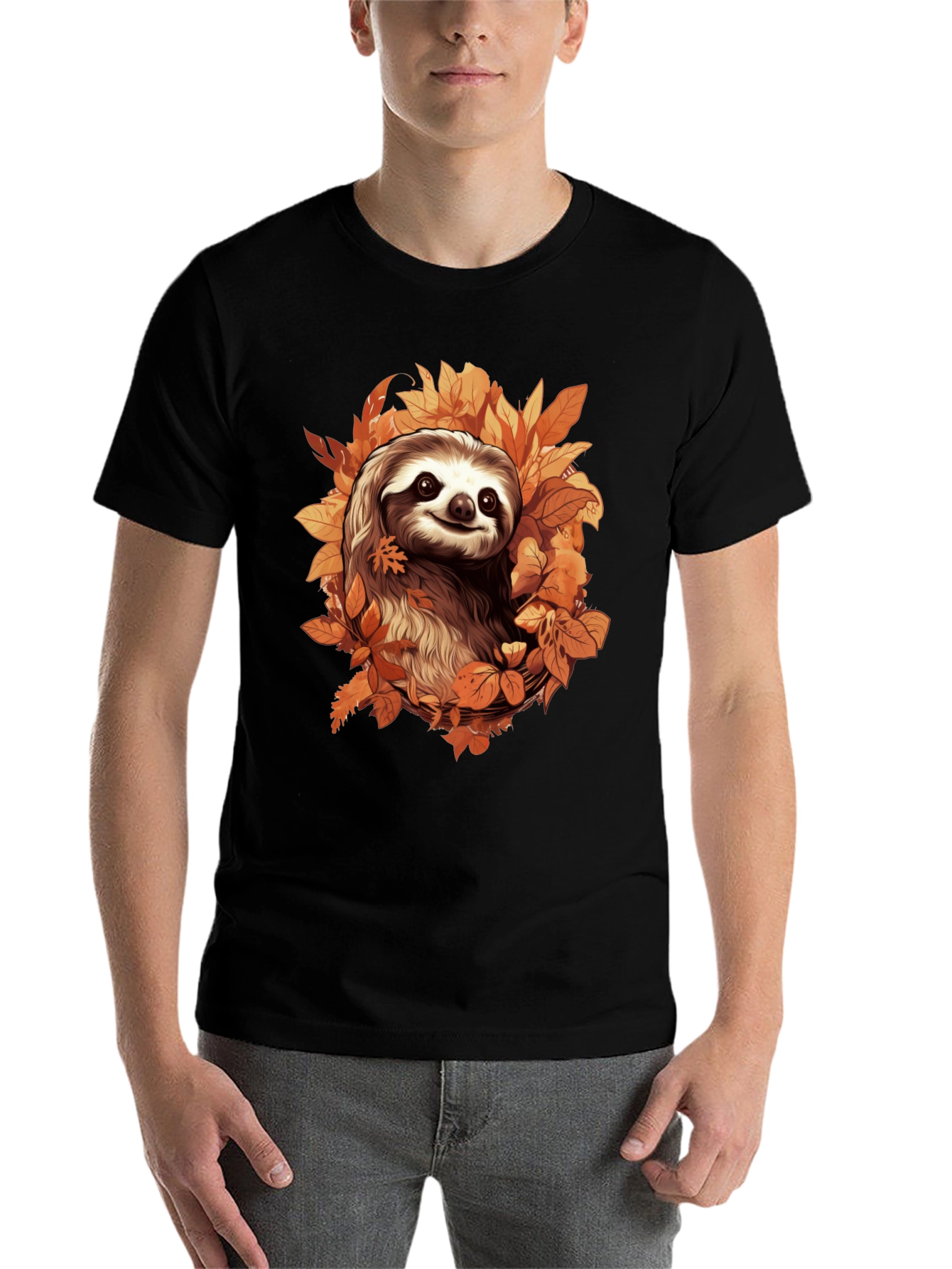 Black Sloth in Autumn Leaves Graphic T-Shirt view 7
