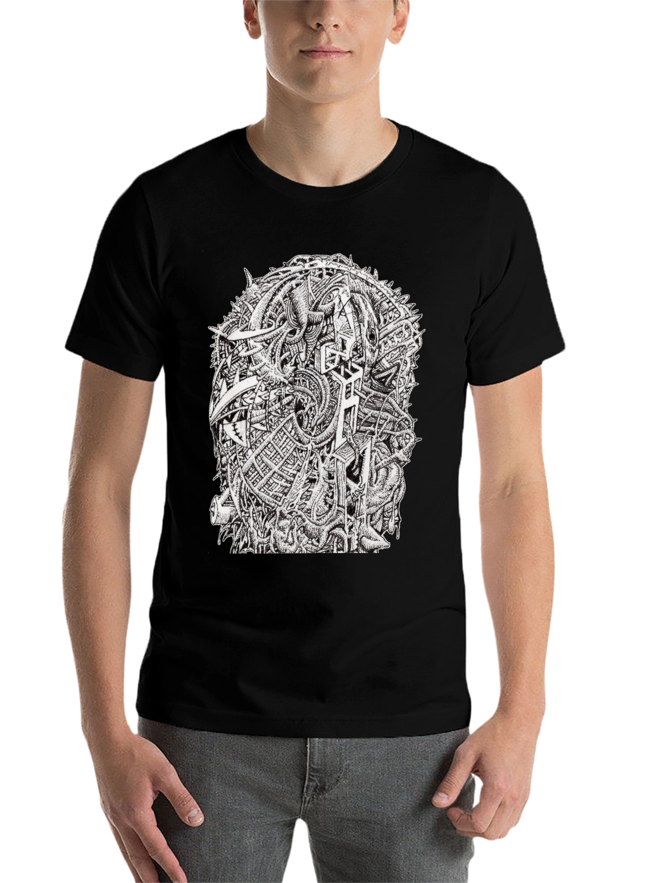 Black Abstract Graphic Tee - Black Crew Neck Cotton T-Shirt view 7