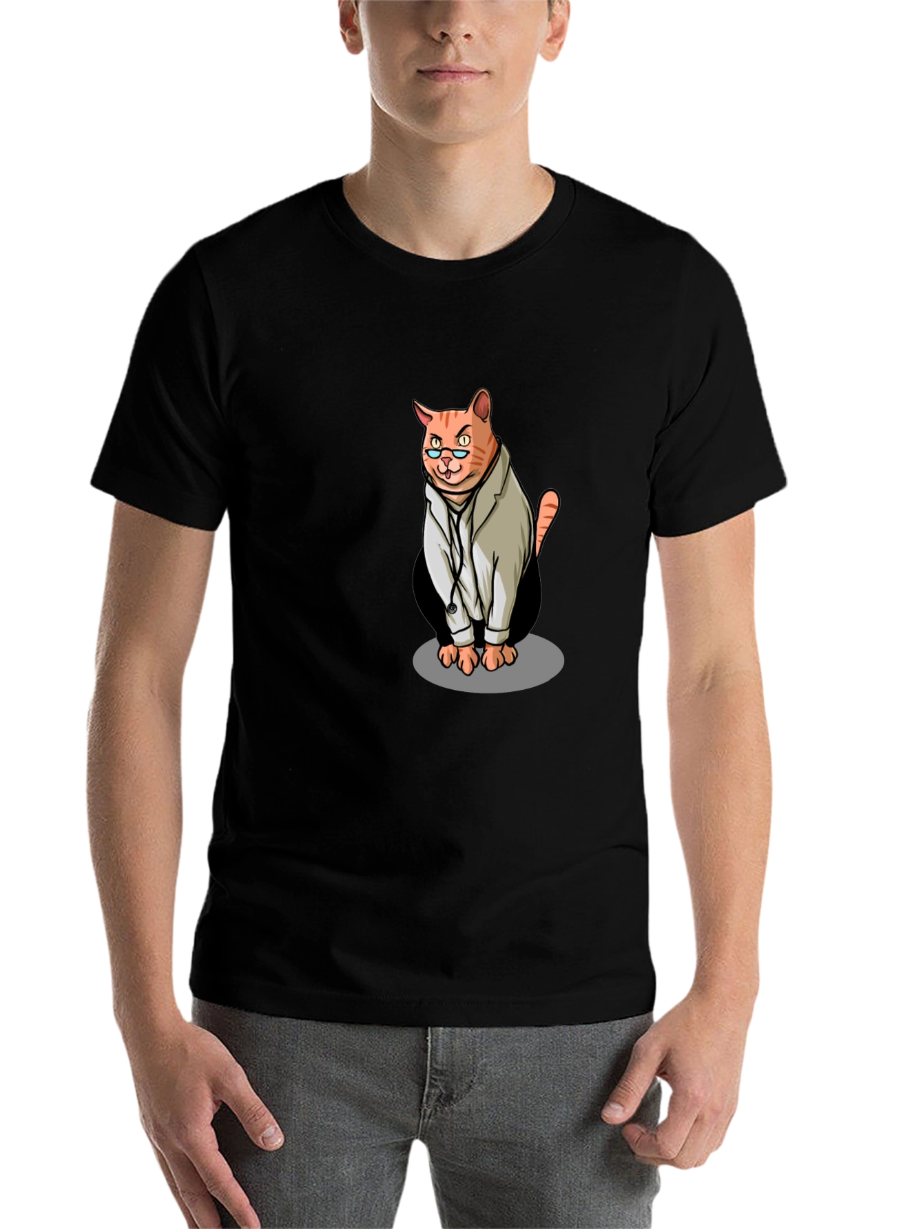 Black Doctor Cat Graphic Tee - Unisex Black T-Shirt view 7