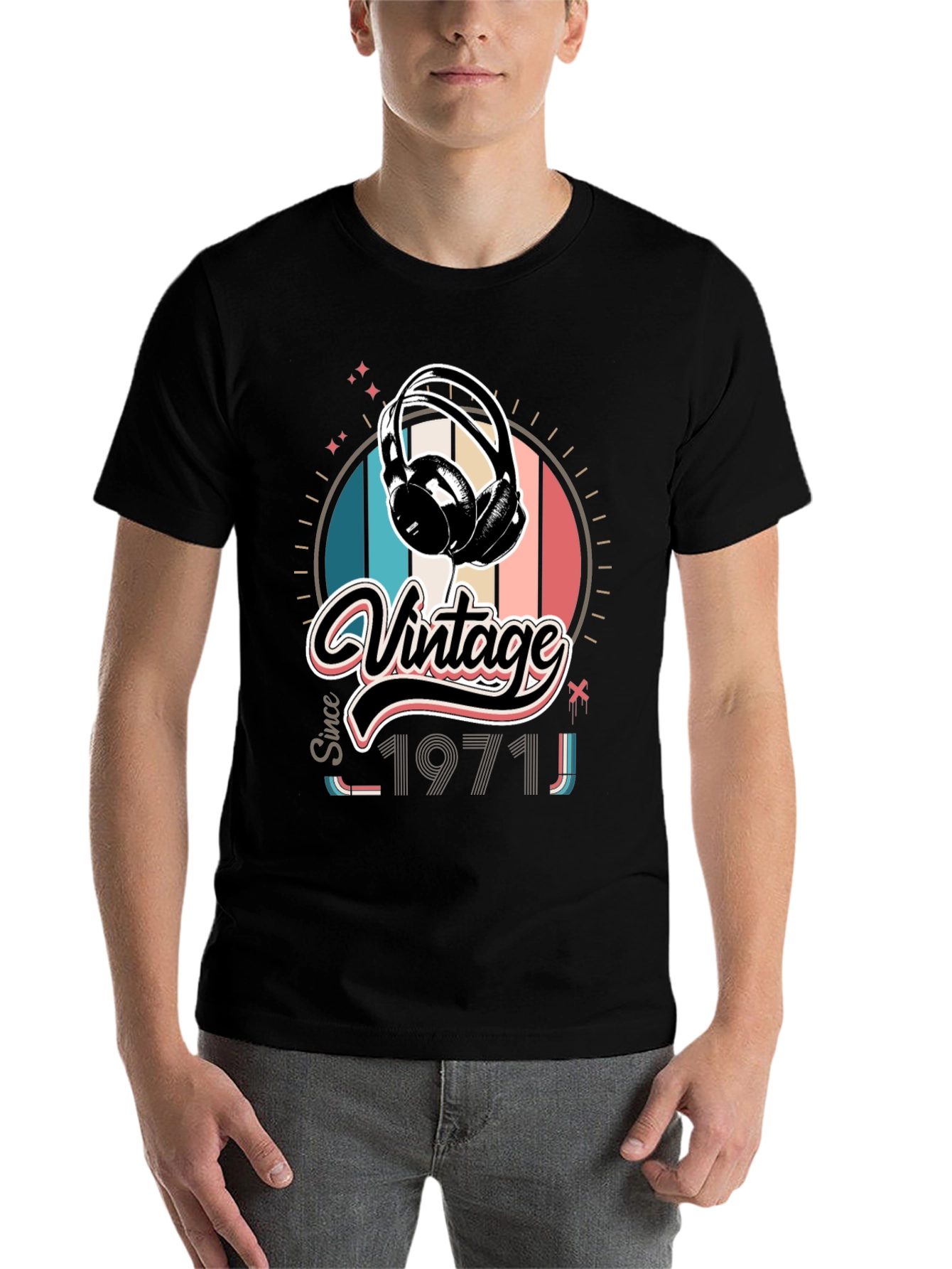 Black Vintage Since 1971 Headphones Graphic T-Shirt view 7