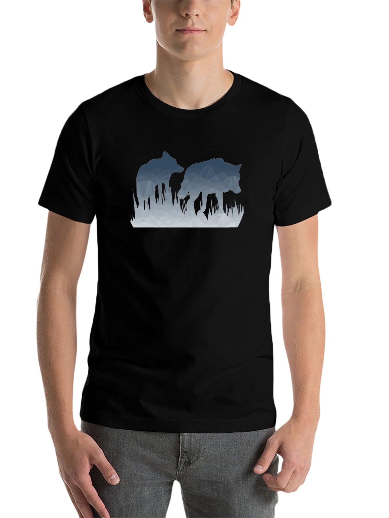 Black Geometric Wolves Graphic Black T-Shirt view 7
